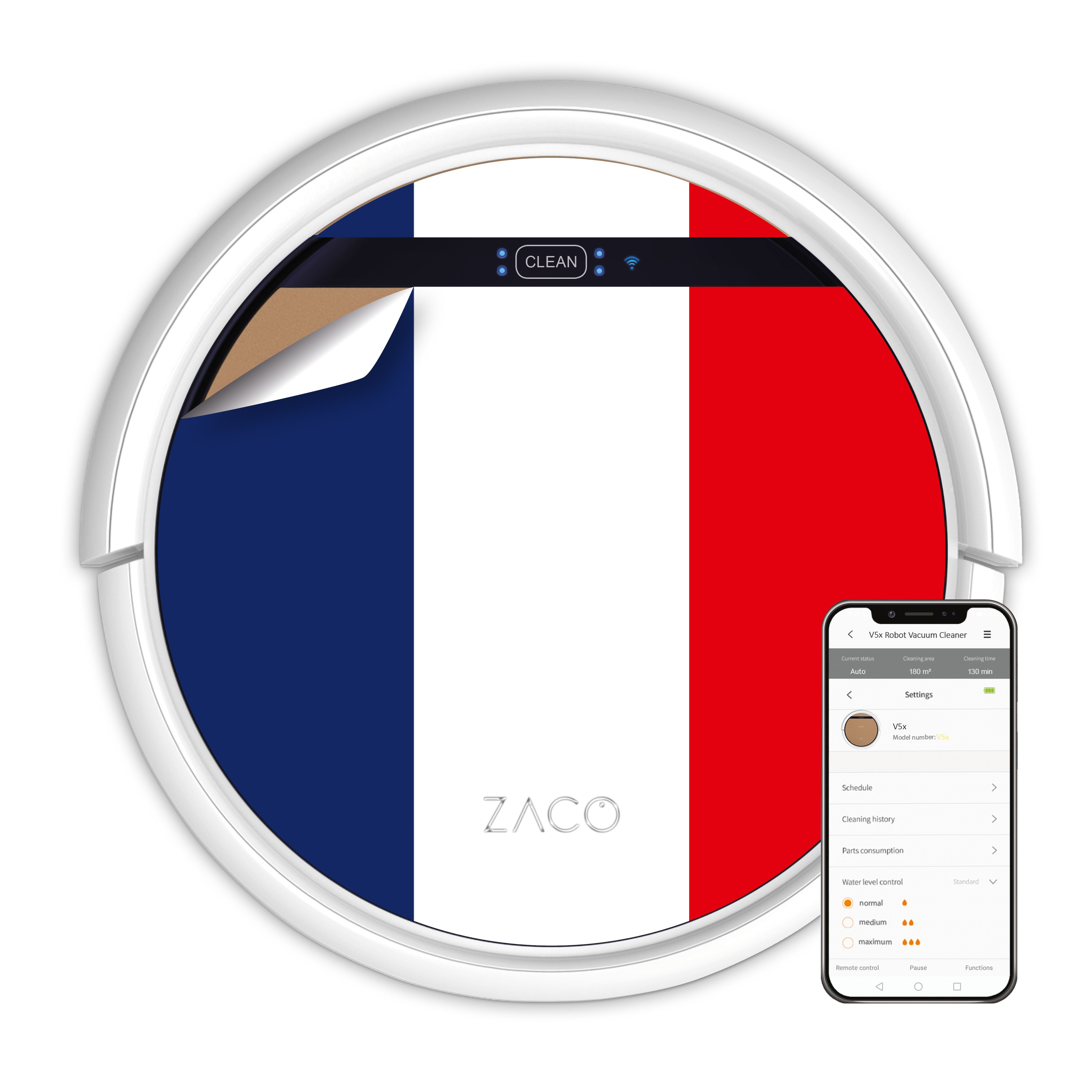 ZACO Nass-Trocken-Saugroboter V5x, 22 W, beutellos, Saugroboter mit Wischfunktion Tierhaare Sprachsteuerung, App, Alexa Französische Flagge