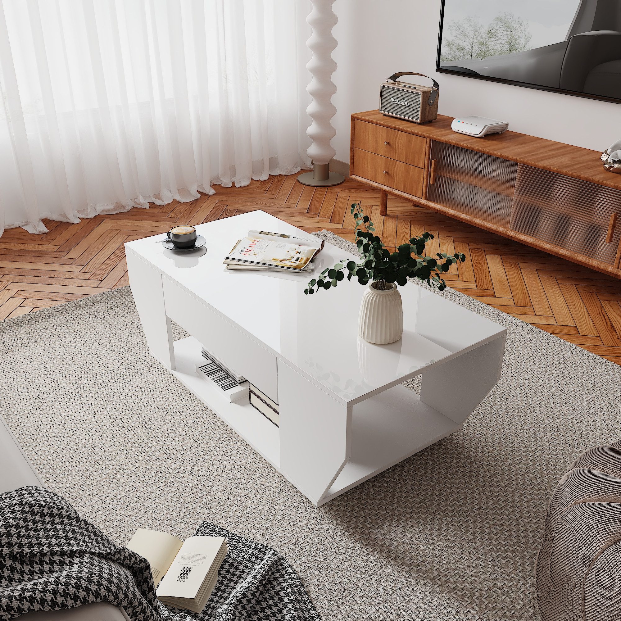 radelldar Couchtisch mit LED-Beleuchtung & 2 Schubladen, Hochglanz-Weiß/Schwarz (1-St), Boot-Form Design, Fernbedienung für dein Wohnzimmer – Bild 5 von 5