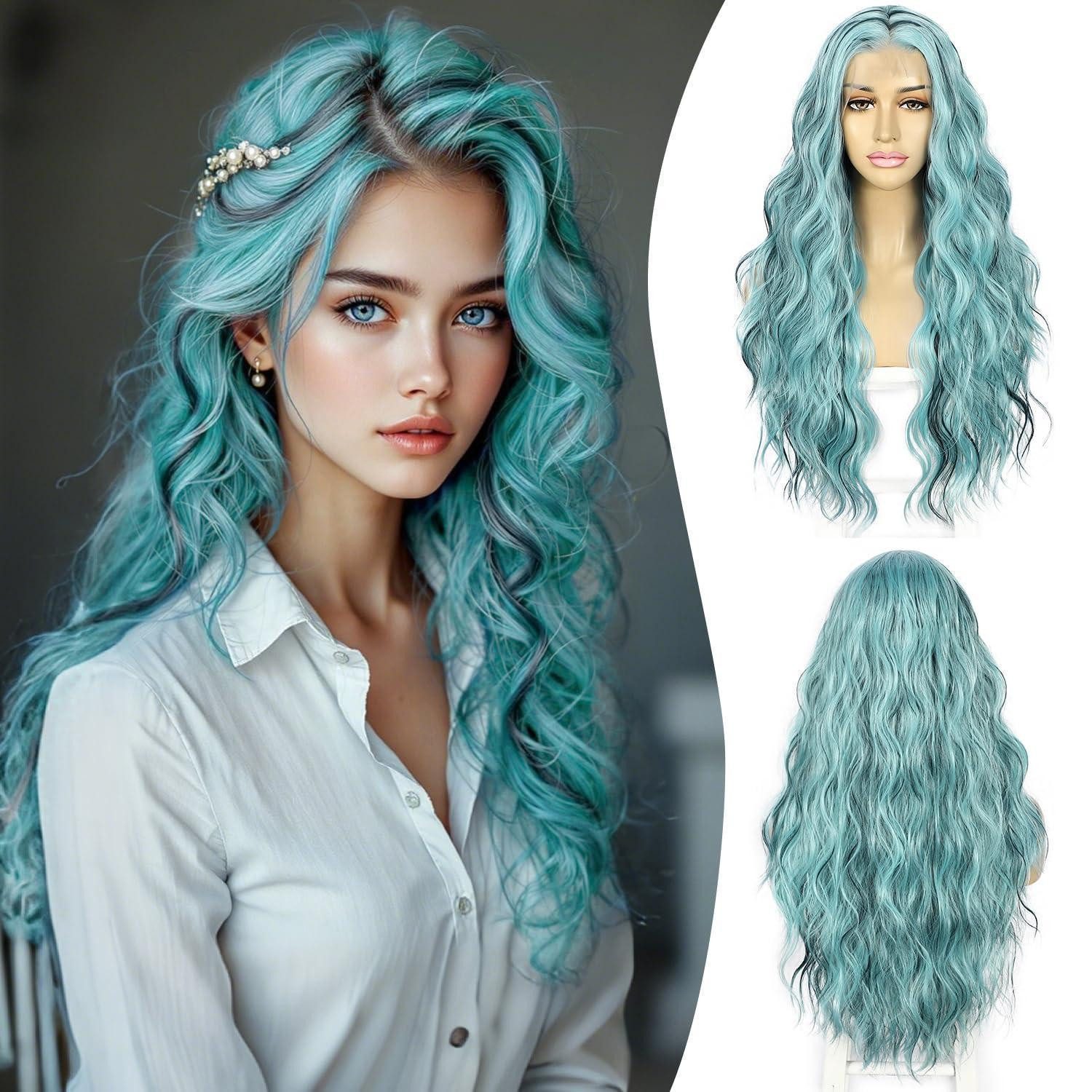 LuxusKollektion Kunsthaarperücke Perücke Lace Front synthetisch lang wellig 24 inch Blau Highlights