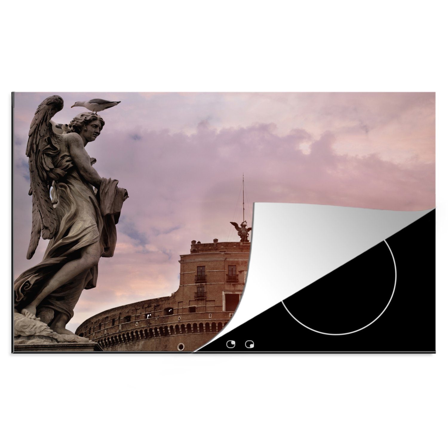 MuchoWow Herdblende-/Abdeckplatte Die untergehende Sonne hinter dem Castel Sant'Angelo in Rom, Vinyl, (1 tlg), 81x52 cm, Induktionskochfeld Schutz für die küche, Ceranfeldabdeckung