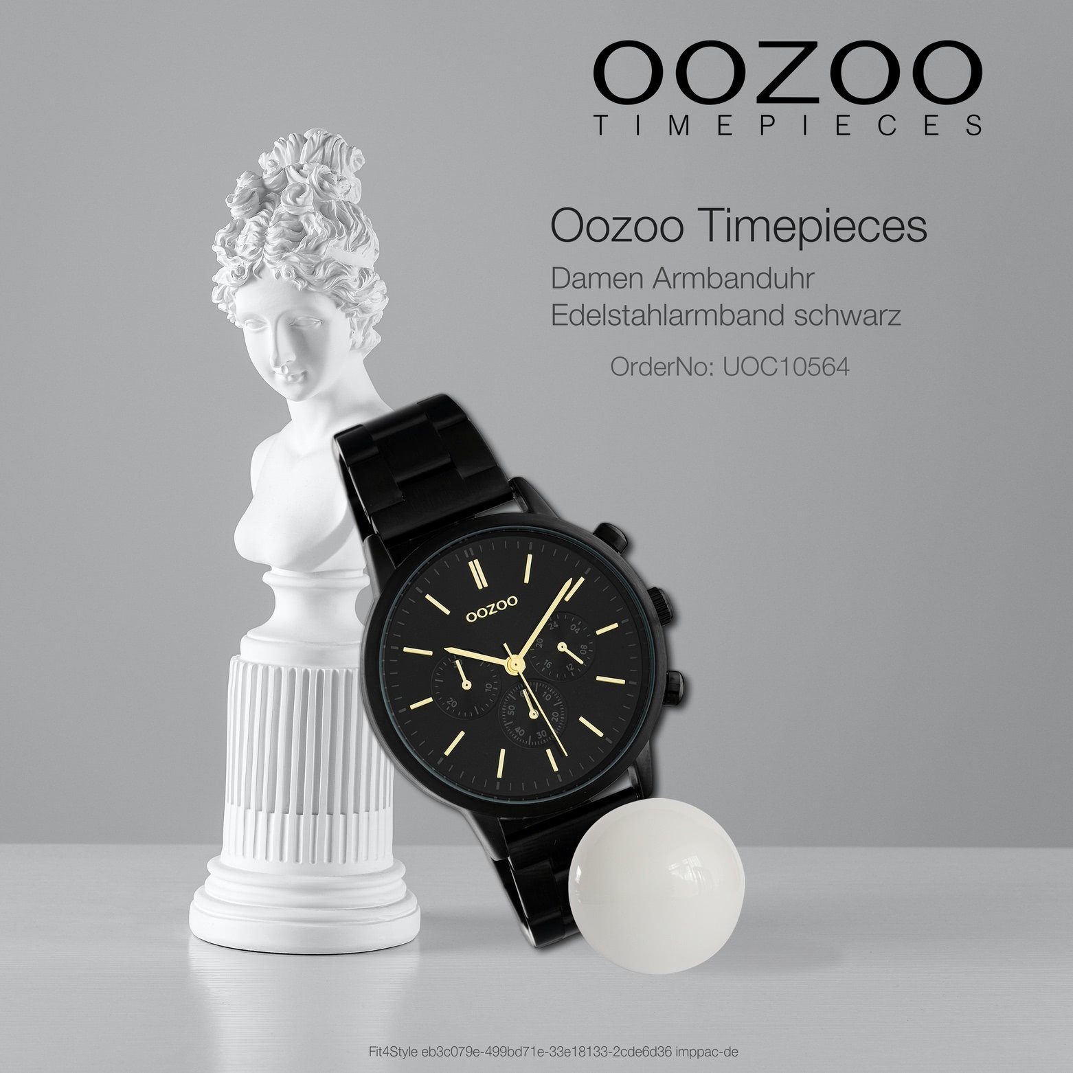 Damen Oozoo Damenuhr Armbanduhr Analog, rund, Edelstahlarmband, (ca. 38mm) schwarz OOZOO mittel Fashion-Style Quarzuhr