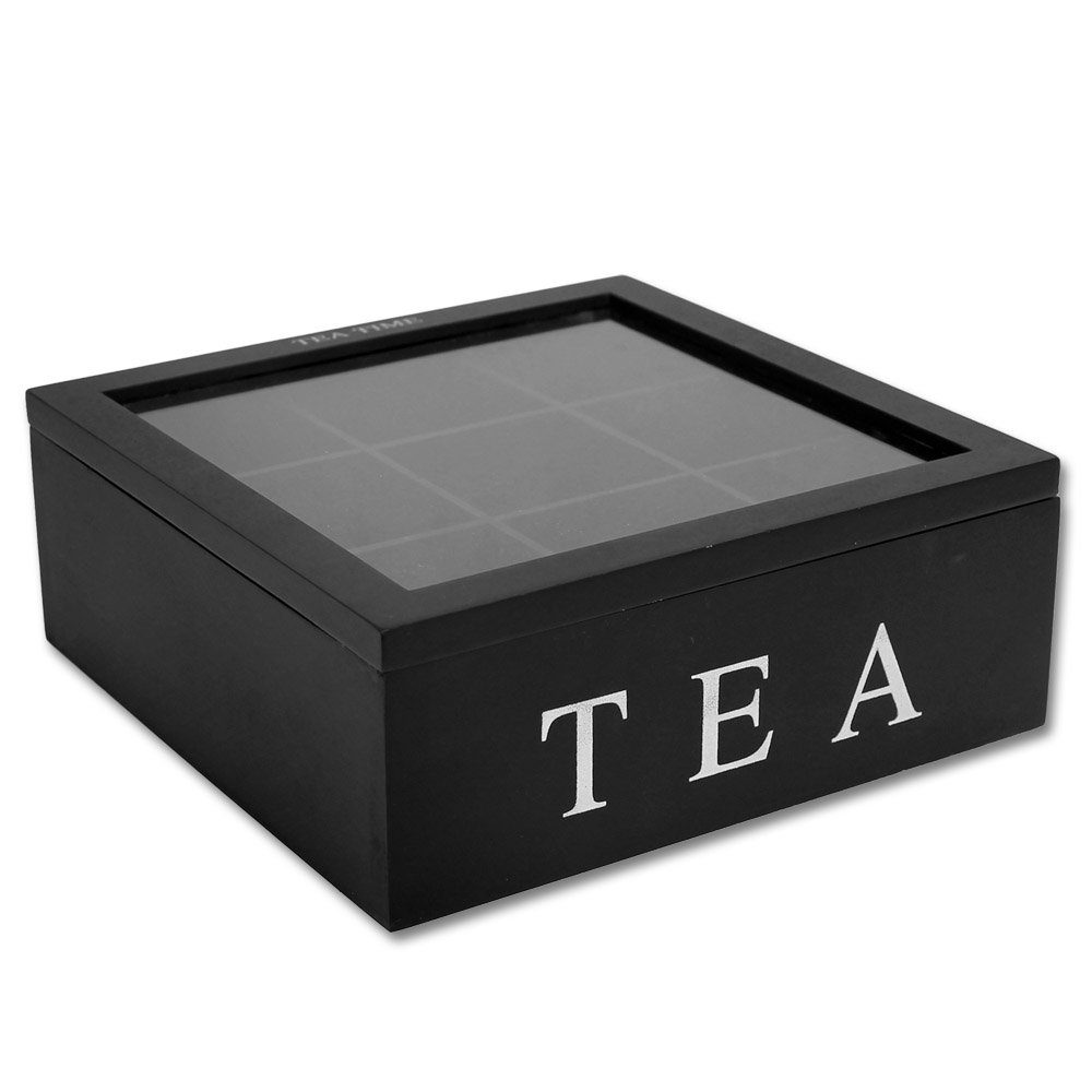 Koopman Teebox Teekiste 9 Fächer Schwarz Teekasten Teebeutel Aufbewahrung Tee Kiste, Holz Box Teebeutelkiste Teebeutelaufbewahrungsbox Sichtfenster
