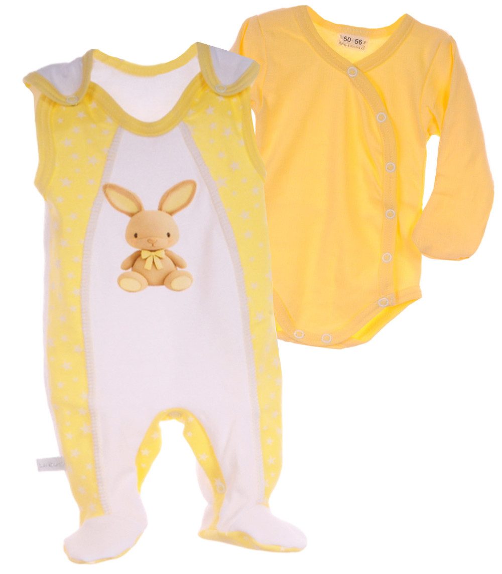 La Bortini Strampler Wickelbody mit Kratzschutz und Stramplerhose in Weiß Gelb aus reiner Baumwolle, 44 50 56 62 68 74