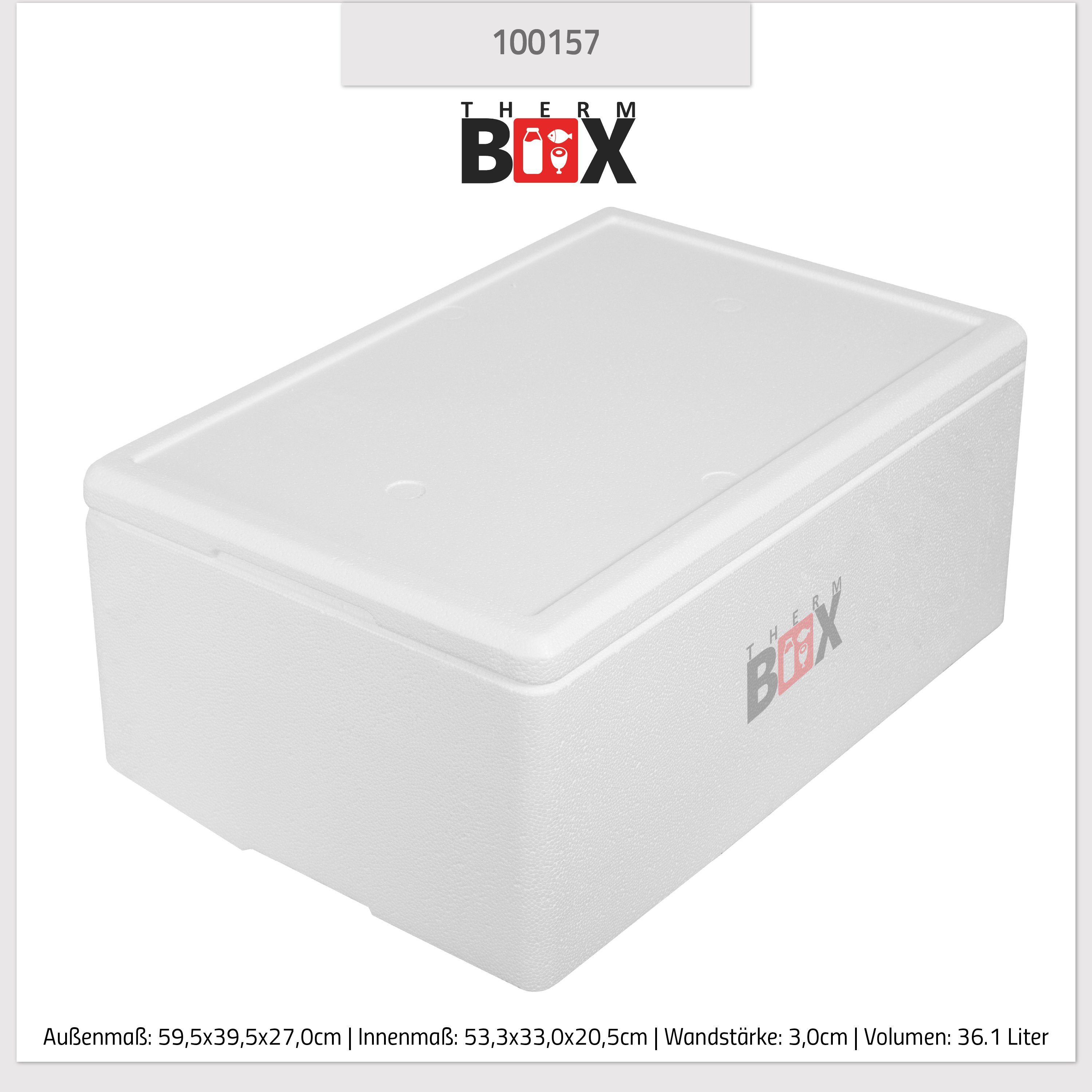 Box Styroporbox 3cm Deckel 36,1L mit 36W Kühlbox Isolierbox Thermobehälter THERM-BOX 0-tlg., Wiederverwendbar Thermobox (1, Innenmaß:53x33x20cm, Styropor-Verdichtet, Wand: Karton), im Warmhaltebox