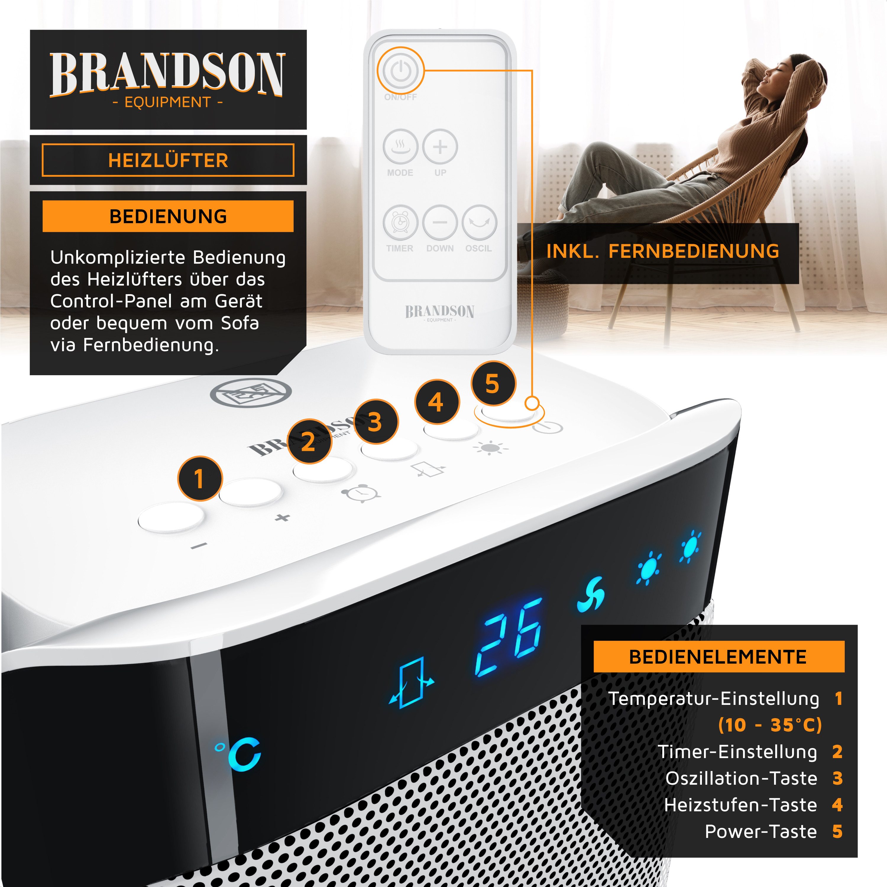 Brandson Heizlüfter Fernbedienung, energiesparend, leise, Oszillation, Keramik Heizung, 2000 W, Timer, Preisträger 2025, GS zertifiziert, Badezimmer Keramikheiz – Bild 4 von 5
