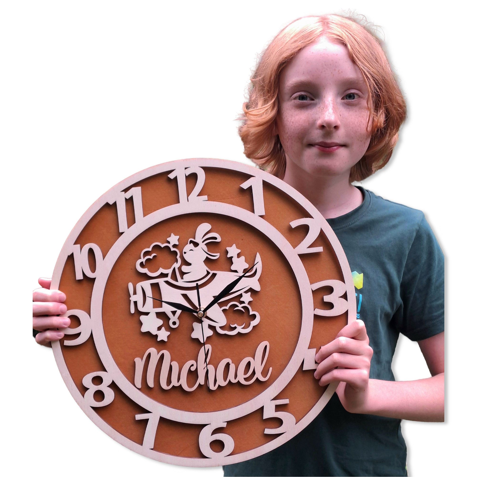 ORNAMENTI Wanduhr Kinderwanduhr, für Jungen, Hase, Flugzeug, personalisiert, Geschenk (ohne Ticken,3 Größen 40, 50, 60 Geschenk zum Geburtstag, zur Taufe)