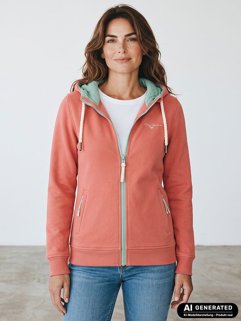 Dry Fashion Kapuzensweatjacke Damen Sweatjacke Kolding mit Moin-Backprint - Wärmende Kapuzenjacke Kapuze mit Kordelband, Kinnschutz, Taschen mit Reißverschluss