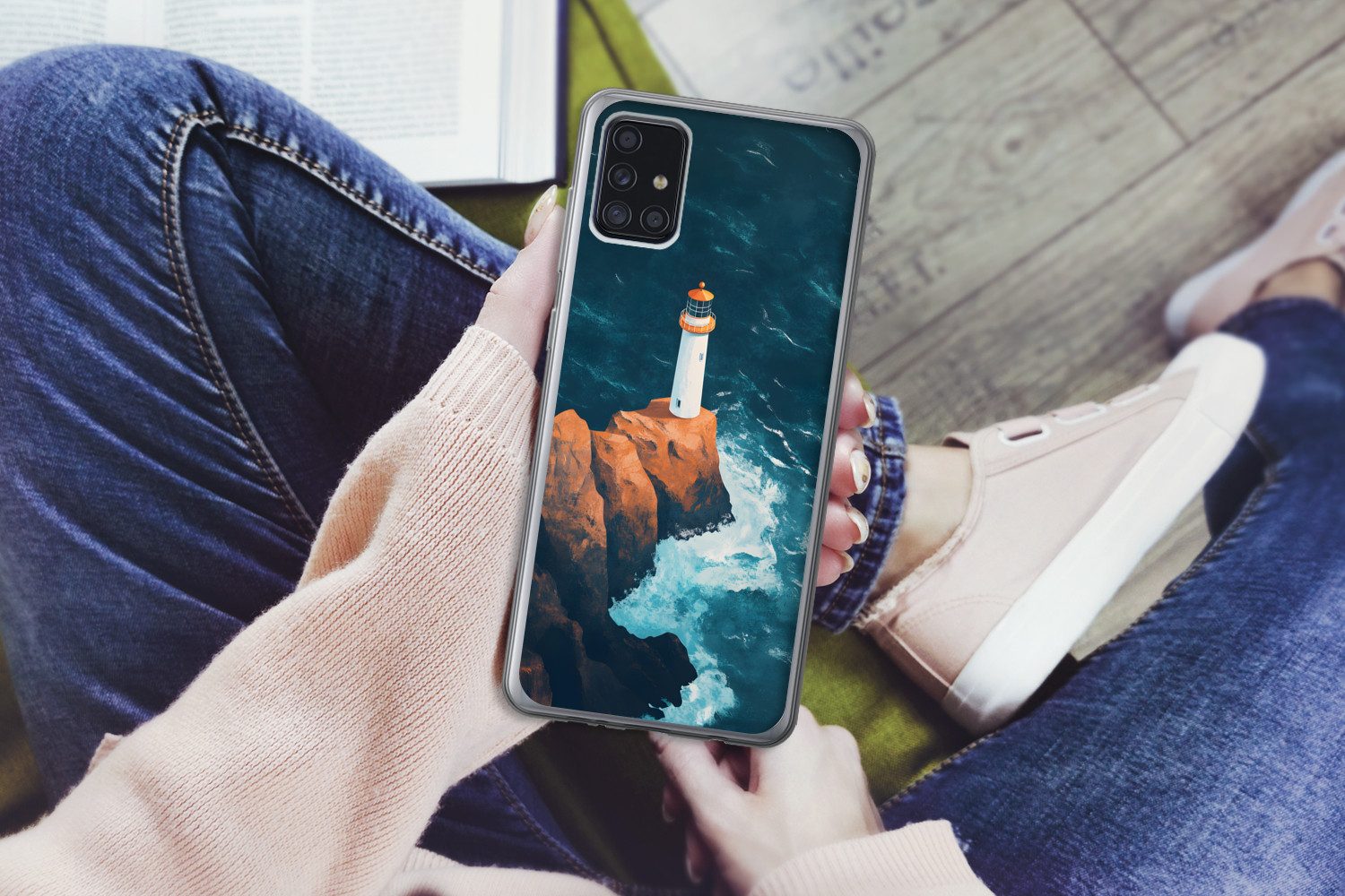 MuchoWow Handyhülle für Samsung Galaxy A52 5G Leuchtturm - Felsen - Meer - Wellen, Smartphone-Bumper, Print, Handy Schutzhülle Dünn