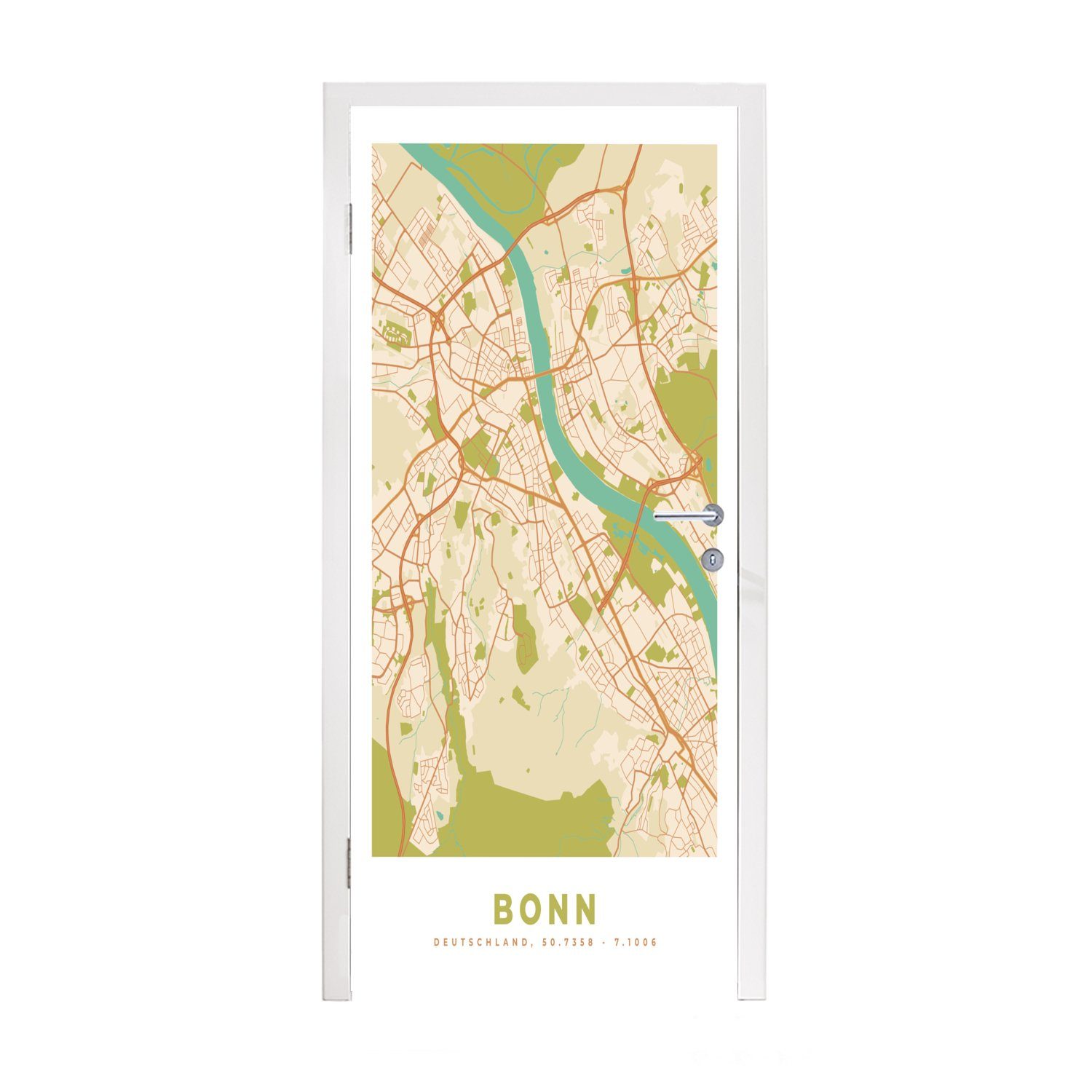MuchoWow Türtapete Karte - Bonn - Karte - Vintage - Stadtplan, Matt, bedruckt, (1 St), Fototapete für Tür, Türaufkleber, 75x205 cm