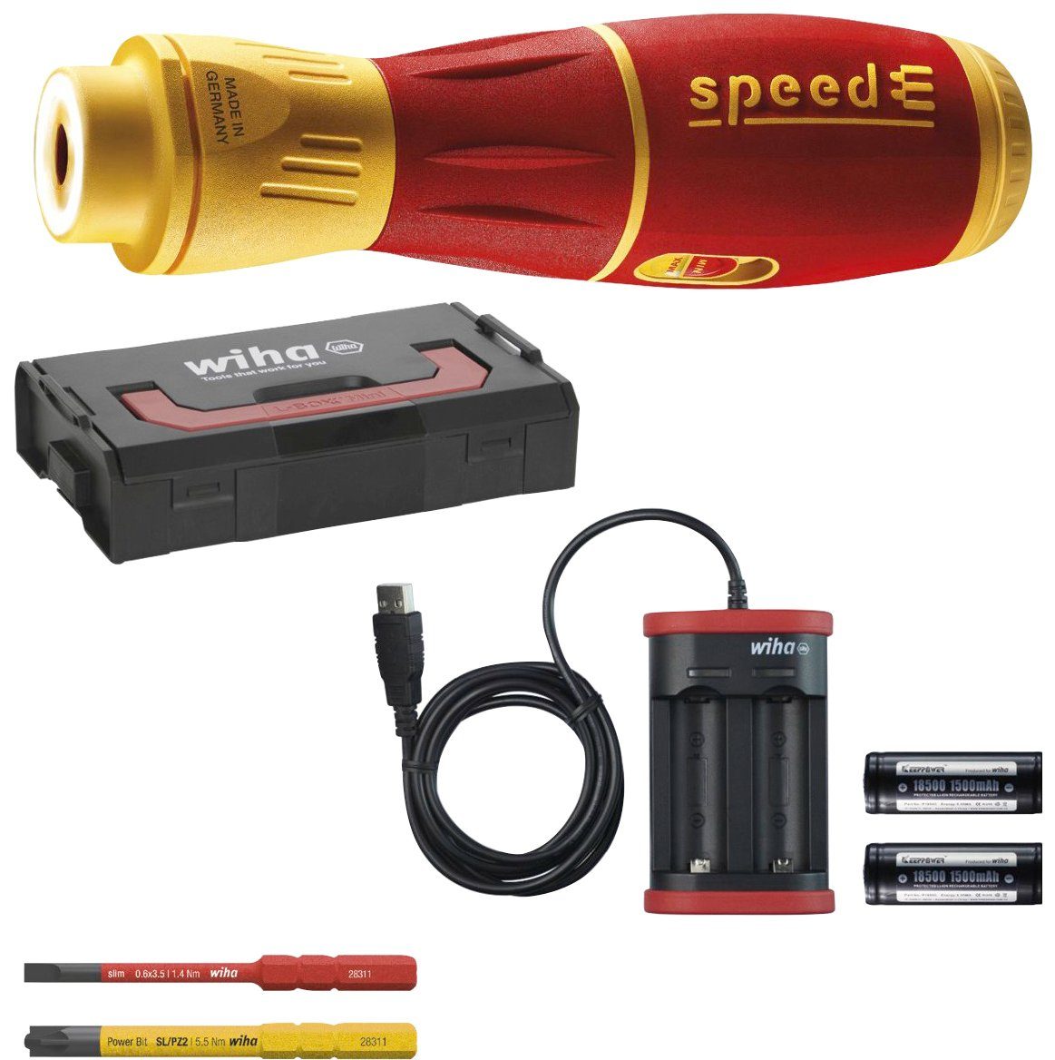 Wiha Schraubendreher E-Schraubendreher speedE® Batterien slimBits, (44318), 7-tlg. electric Mini in (Set), USB-Ladegerät mit L-Boxx II und