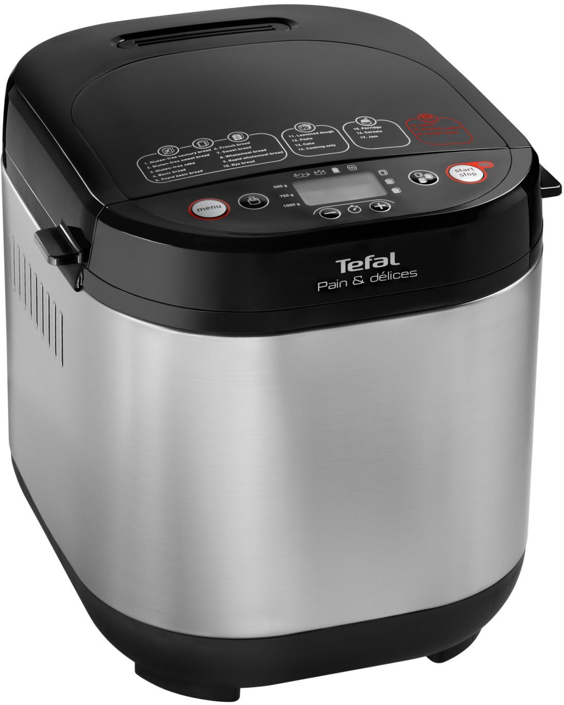 Tefal Brotbackautomat Pain & Délices, 20 Backprogramme, 3 Brotgrößen und Bräunungsgrade, 20 Programme, 610 W, auch für Pizza-/Nudel-/Kuchenteig, antihaftbeschichtete Form, PF240E