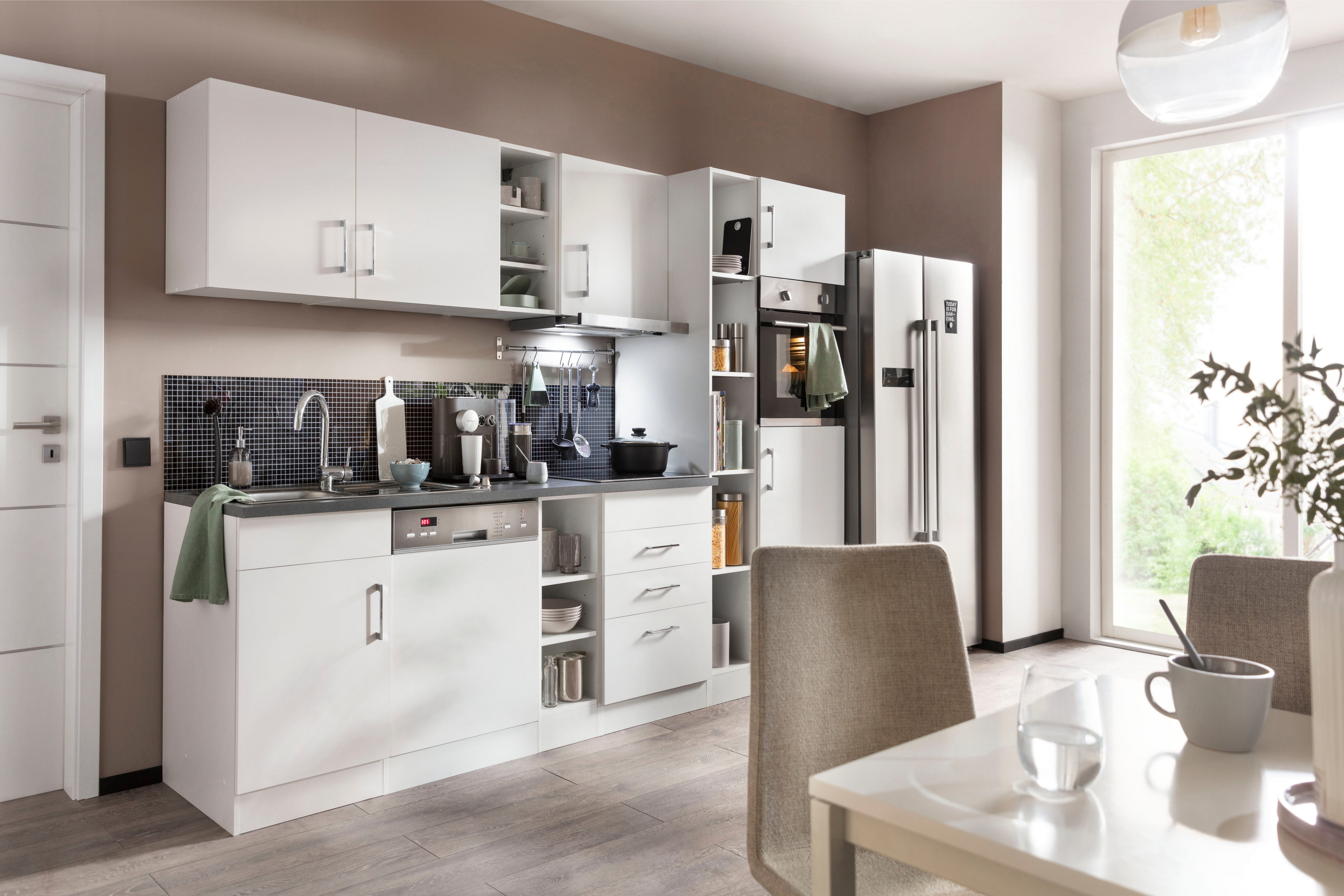 HELD MÖBEL Küchenzeile Paris, wahlweise weiß Breite E-Geräten, 290 Induktionskochfeld mit weiß/weiß mit | cm