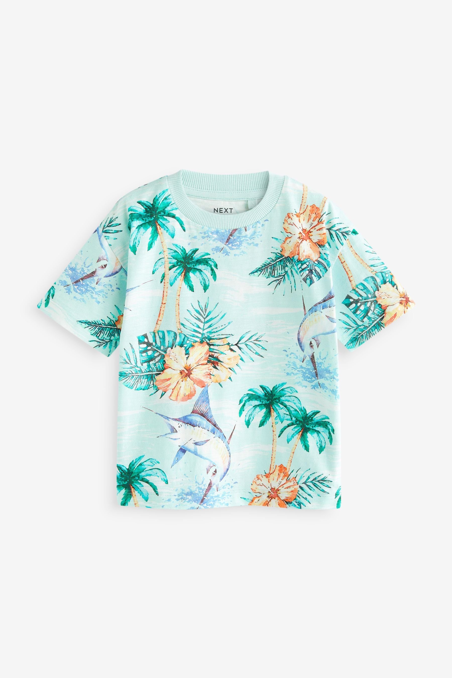 Next T-Shirt T-Shirt mit kurzen Ärmeln, durchgehend bedruckt (1-tlg) Blue Floral Hibiscus