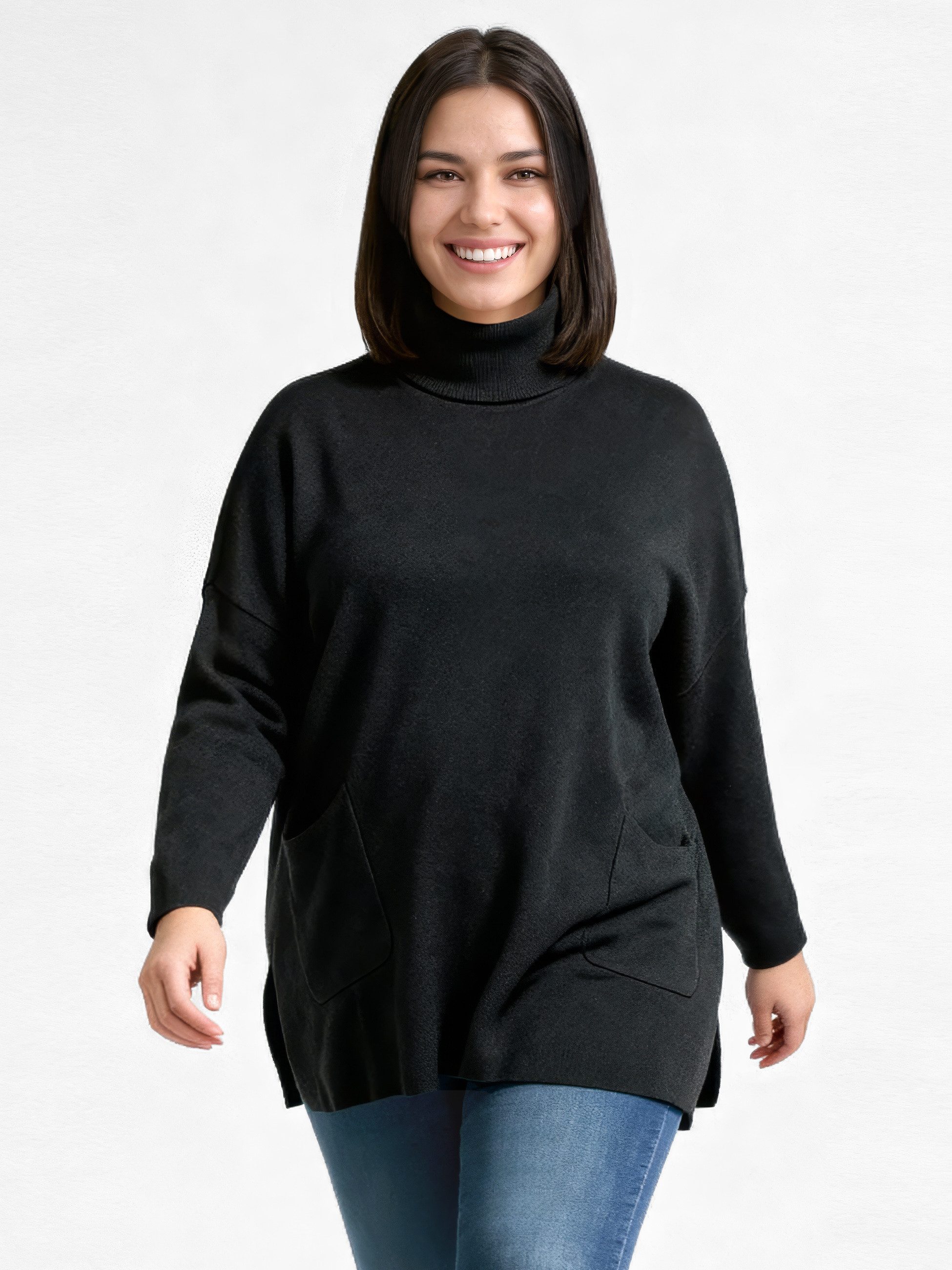 PEKIVESSA Longpullover Stricktunika mit Rollkragen Zwei aufgesetzte Taschen