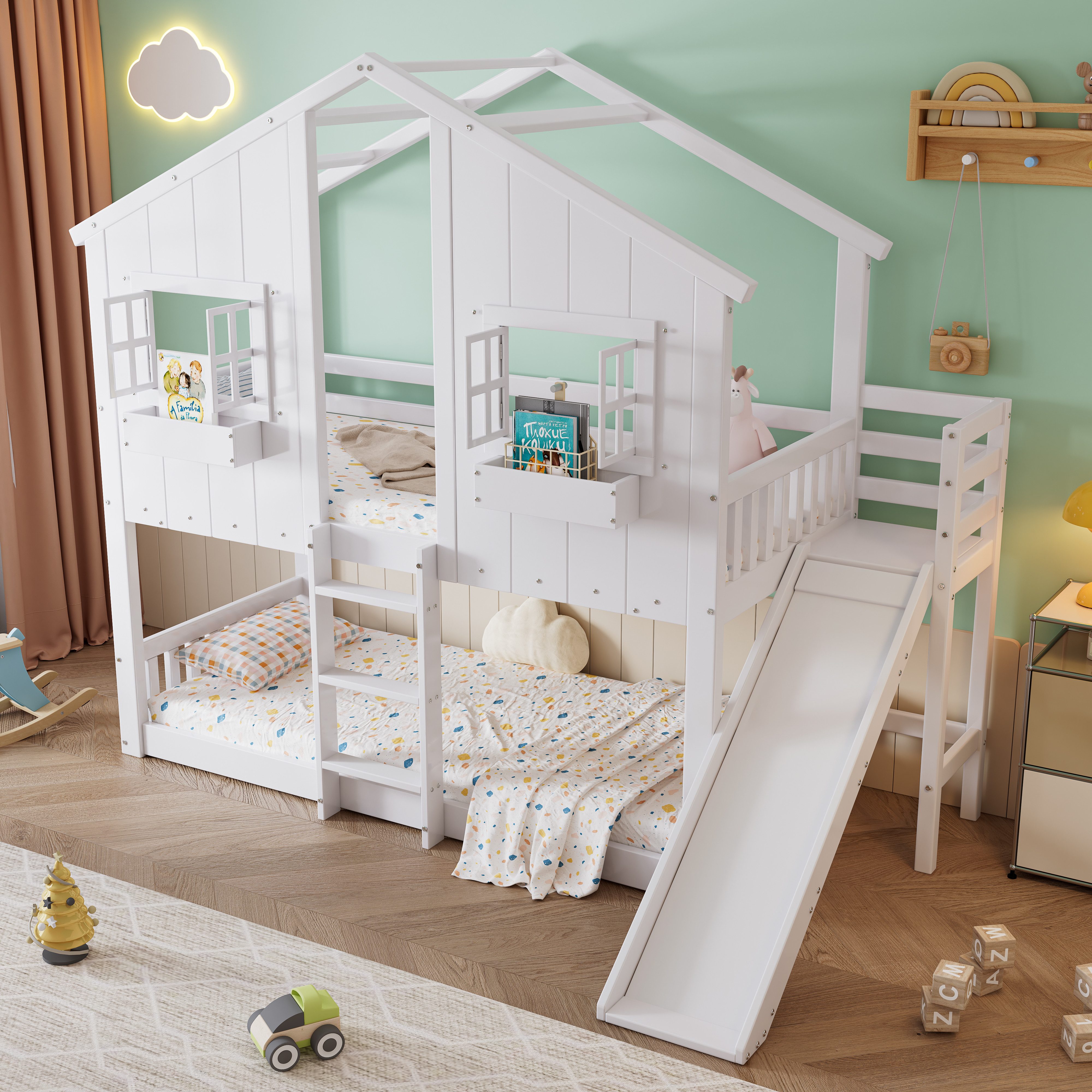 MODFU Etagenbett Kinderbett,Funktionsbett,Doppelbett (Etagenbett für Kinder mit Rutsche, Fenster und Dach., 90x200cm), ohne Matratze