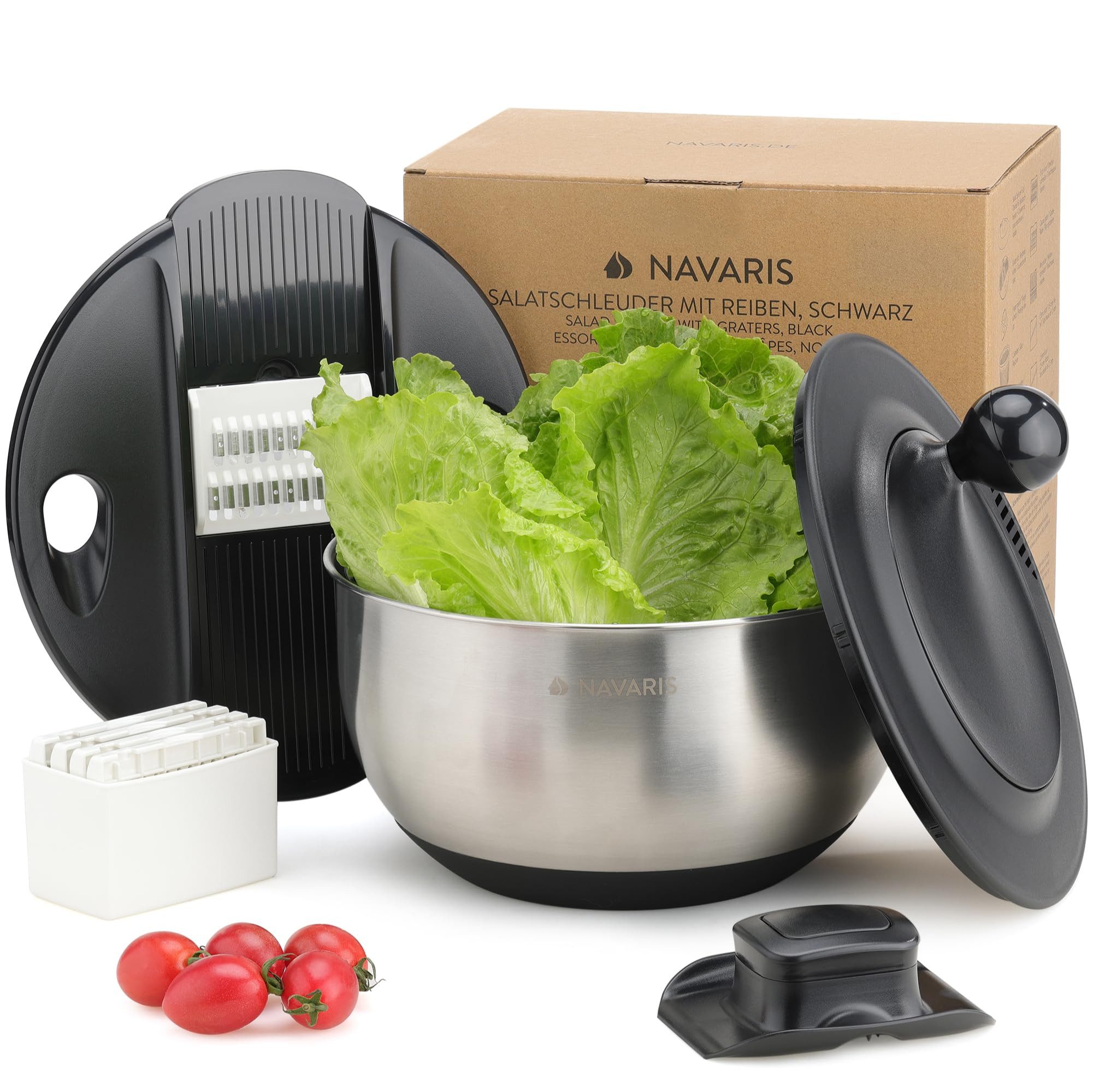 Navaris Salatschleuder Navaris Salattrockner Edelstahl mit Reibe und Schneidescheiben