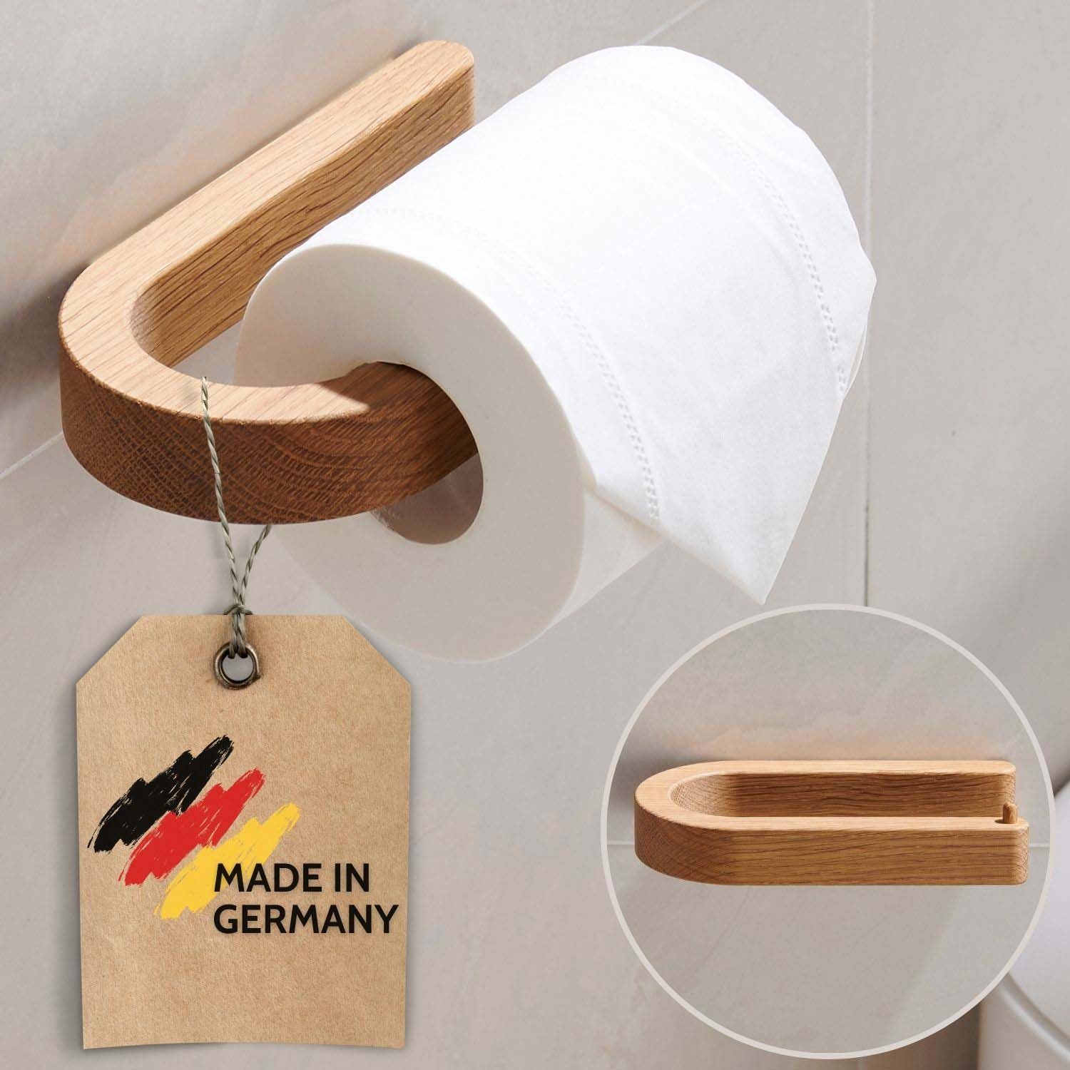 DEKAZIA Toilettenpapierhalter, Holz, ohne Bohren, Nachhaltiges Eichenholz, Made in Germany