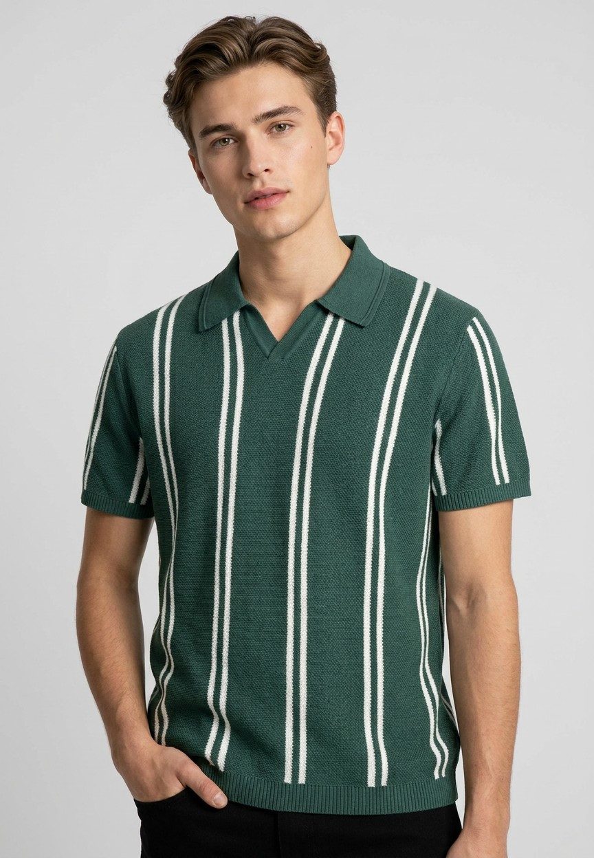 SUBLEVEL Poloshirt Strick-Poloshirt mit Streifen Vertikale Retro-Streifen, offener Polokragen