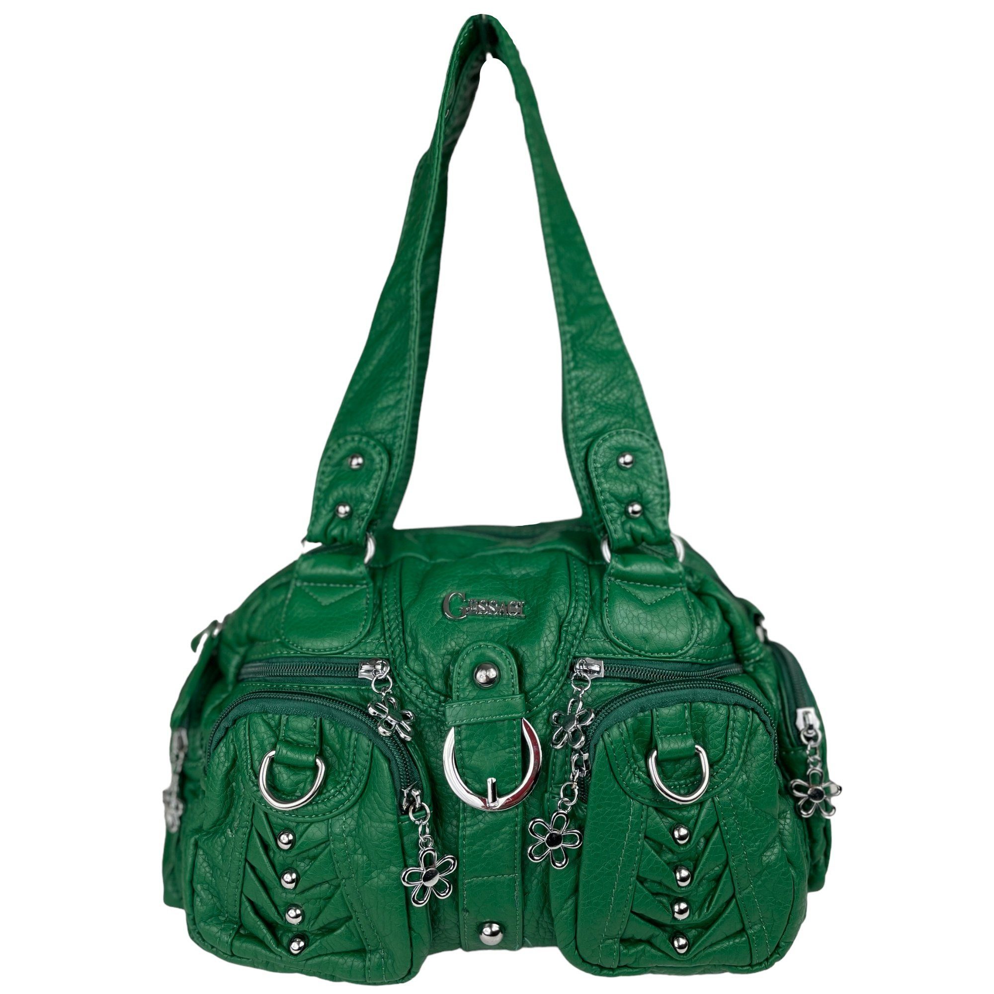 Taschen4life Schultertasche klassische Damen Handtasche (Schultertasche) mit Nieten AKW22032, viele Fächer, verstellbarer abnehmbarer Schulterriemen dunkelgrün