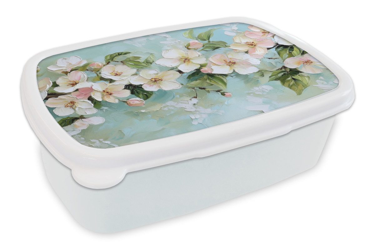 MuchoWow Lunchbox Blossom - Blätter - Hellblau, Kunststoff, (2-tlg), Brotdose Schule oder Arbeit, Brotbox für Kinder und Erwachsene