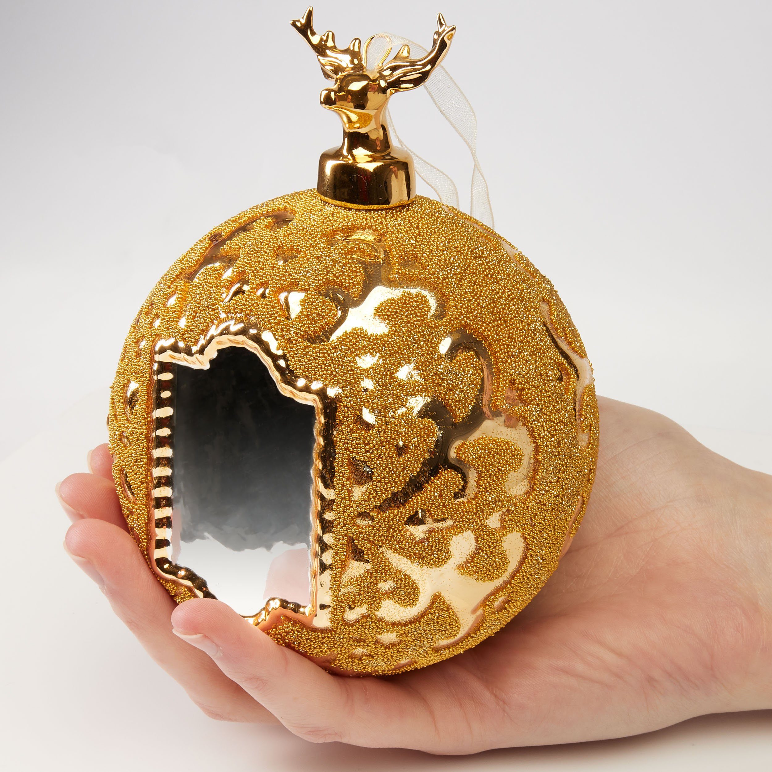 Weihnachtsbaumkugel Glas BRUBAKER - Gold Weihnachtskugel mit Christbaumkugel Handarbeit und Hirsch Spiegel Muster Figur St), (1 - 10 Royal cm mit Premium - Deer Baumkugel