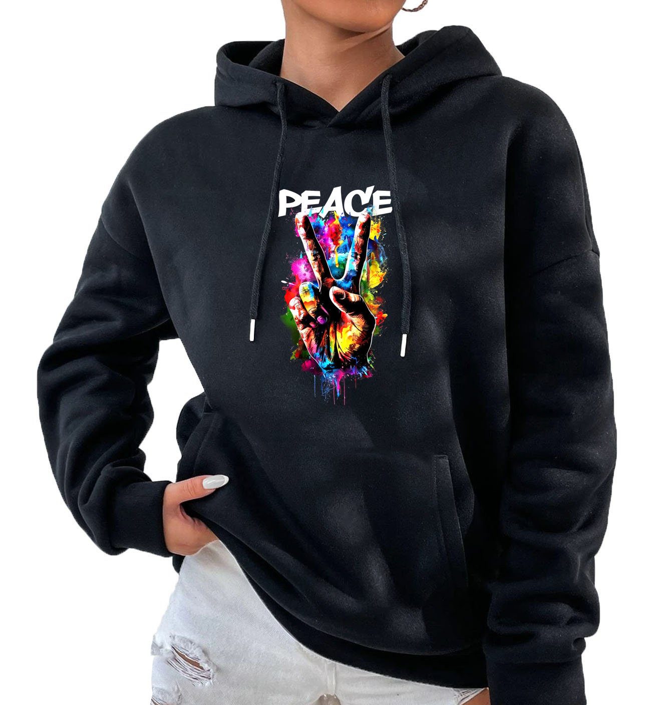 Kapuzenpullover Damen Hoodie Pullover mit Kapuze Pulli Frieden Peace