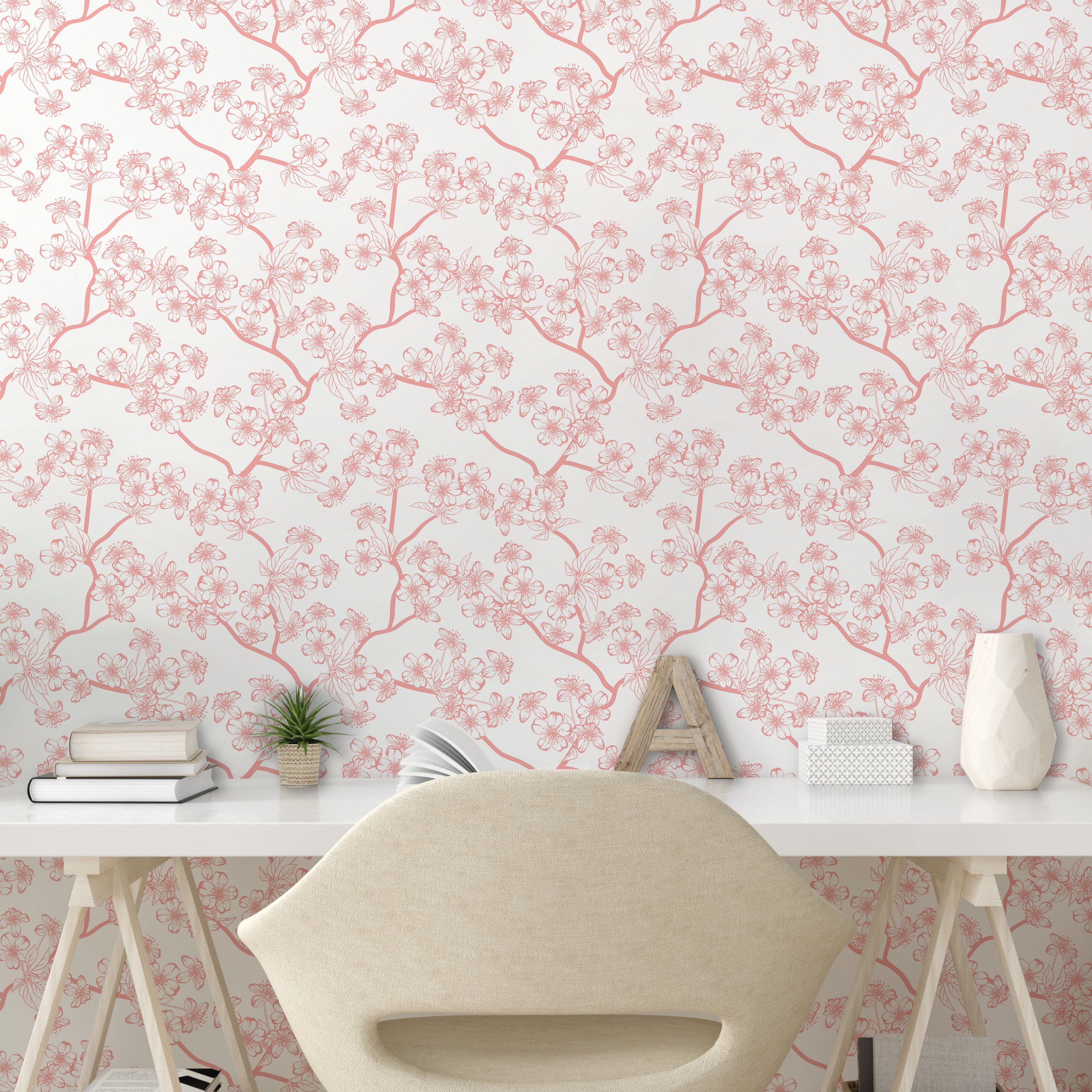 Abakuhaus Vinyltapete selbstklebendes Wohnzimmer Küchenakzent, Kirschblüte Retro Sakura Art