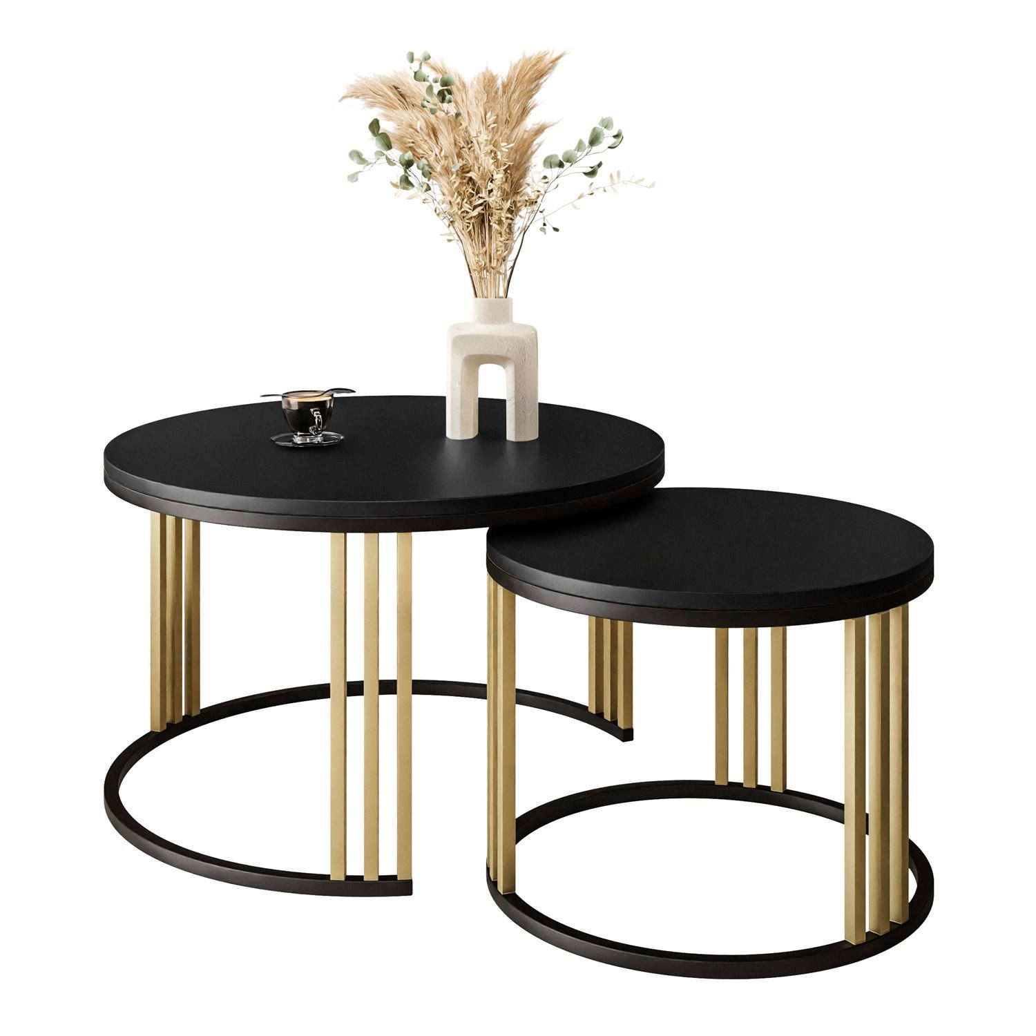 Lookway Couchtisch LORI 2in1 MIX mit mattschwarzer Platte (2er Set), Durchmesser: ⌀70 cm und ⌀50 cm