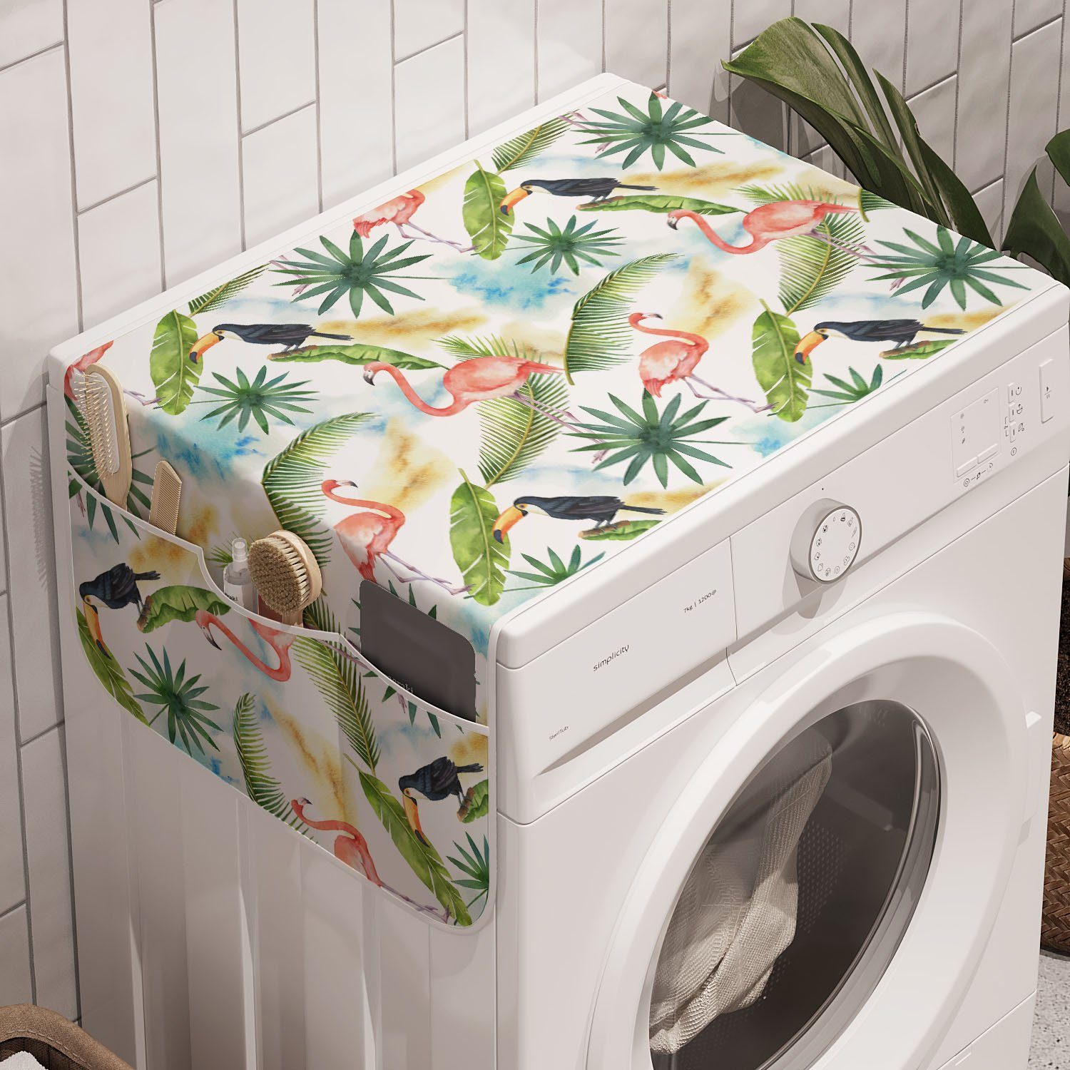 Abakuhaus Badorganizer Anti-Rutsch-Stoffabdeckung für Waschmaschine und Trockner, hawaiisch Aquarell Toucan Flamingo