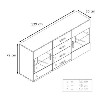 Vladon Sideboard Bari (Kommode mit 2 Türen, 4 Schubladen und 2 flexible Glaseinlegeböden), Schwarz matt/Beton Dunkel Optik (139 x 72 x 35)