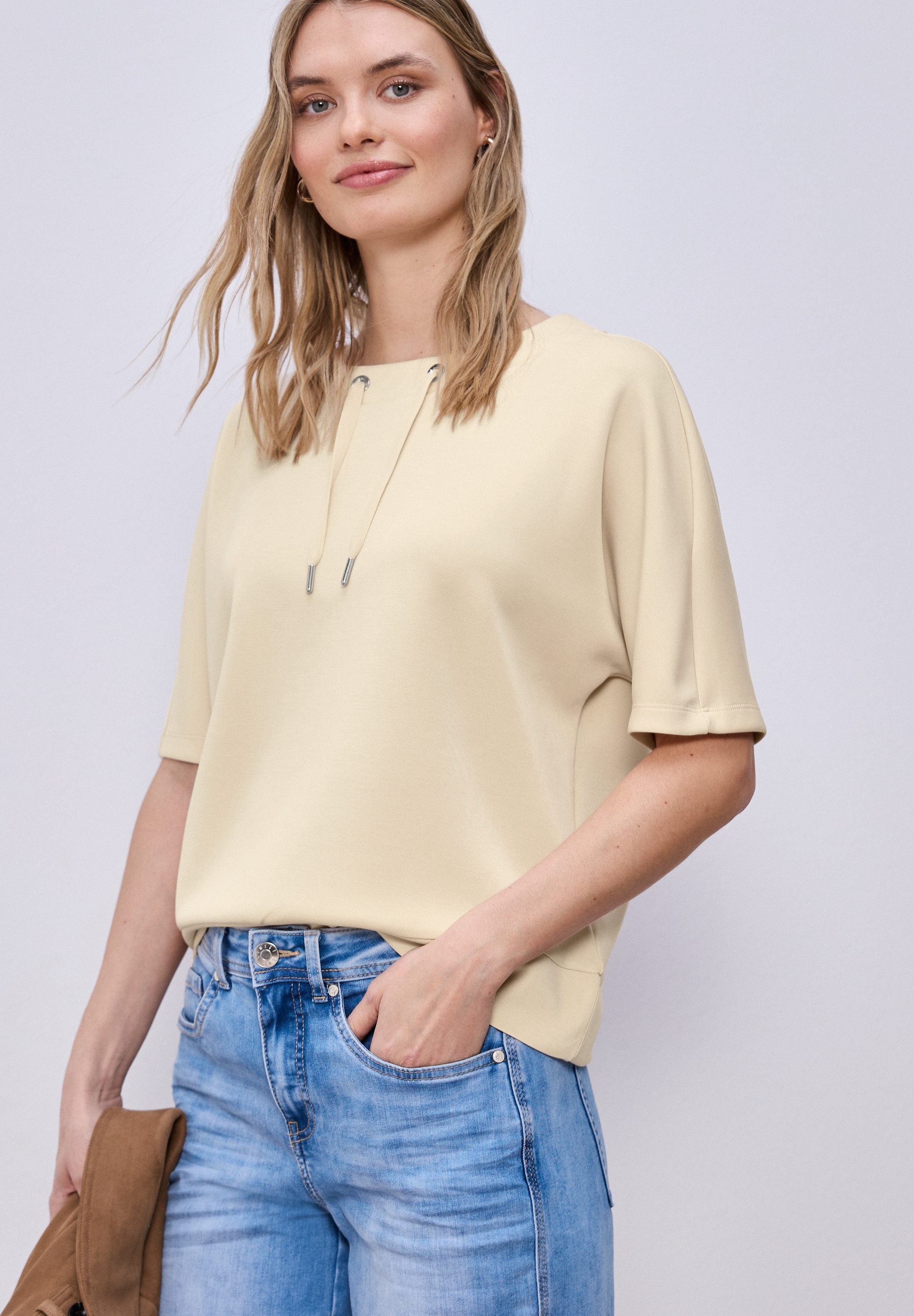 STREET ONE Sweatshirt Halbarm Silk-Look Shirt mit Kordelzug