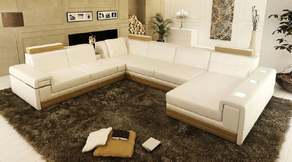 JVmoebel Ecksofa Ledersofa Couch Sofa Ecksofa Eck Design Modern Sofa Beleuchtet, Weißes U-Form Sofa mit Beleuchtung Weiß/Beige