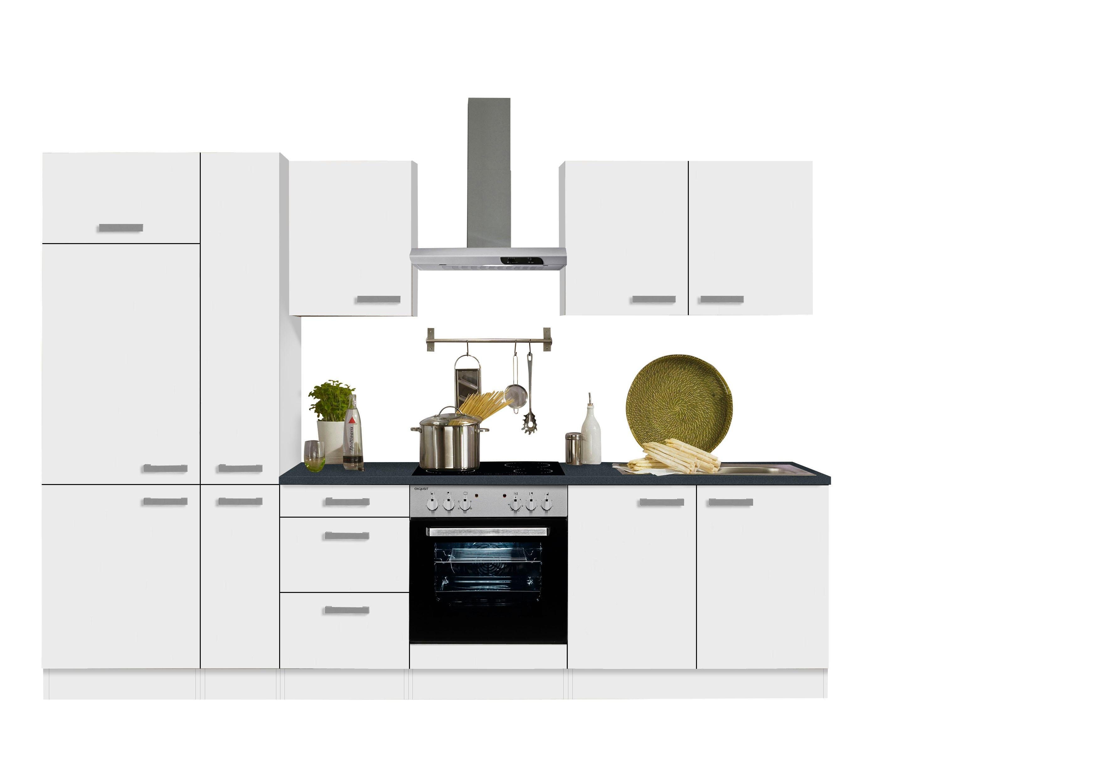 OPTIFIT Küchenzeile Odense, mit E-Geräten, Breite 300 cm, mit 28 mm starker Arbeitsplatte weiß