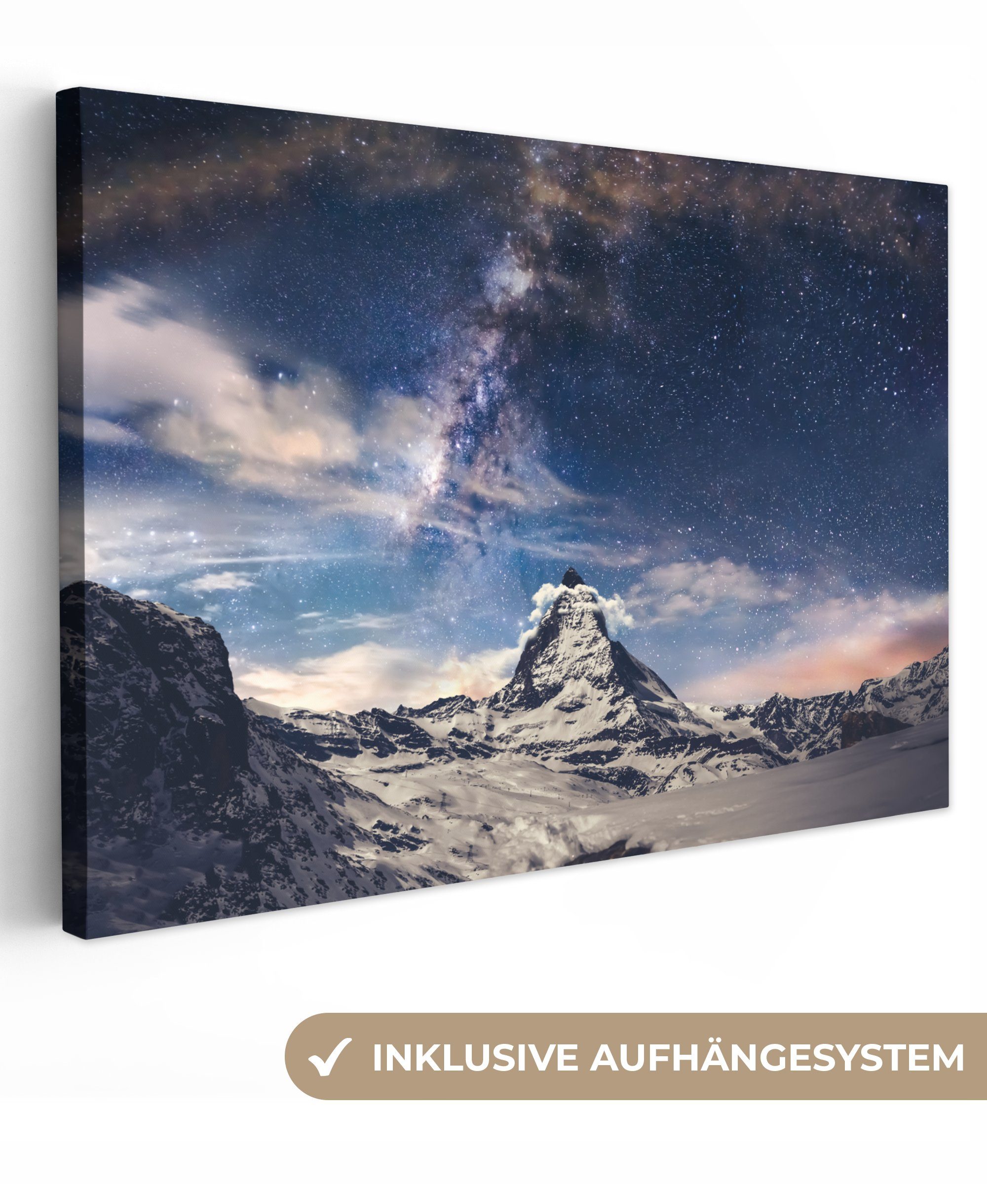 OneMillionCanvasses® Leinwandbild Matterhorn und Sternenhimmel bei Zermatt Schweiz, (1 St), Wandbild Leinwandbilder, Aufhängefertig, Wanddeko, 30x20 cm