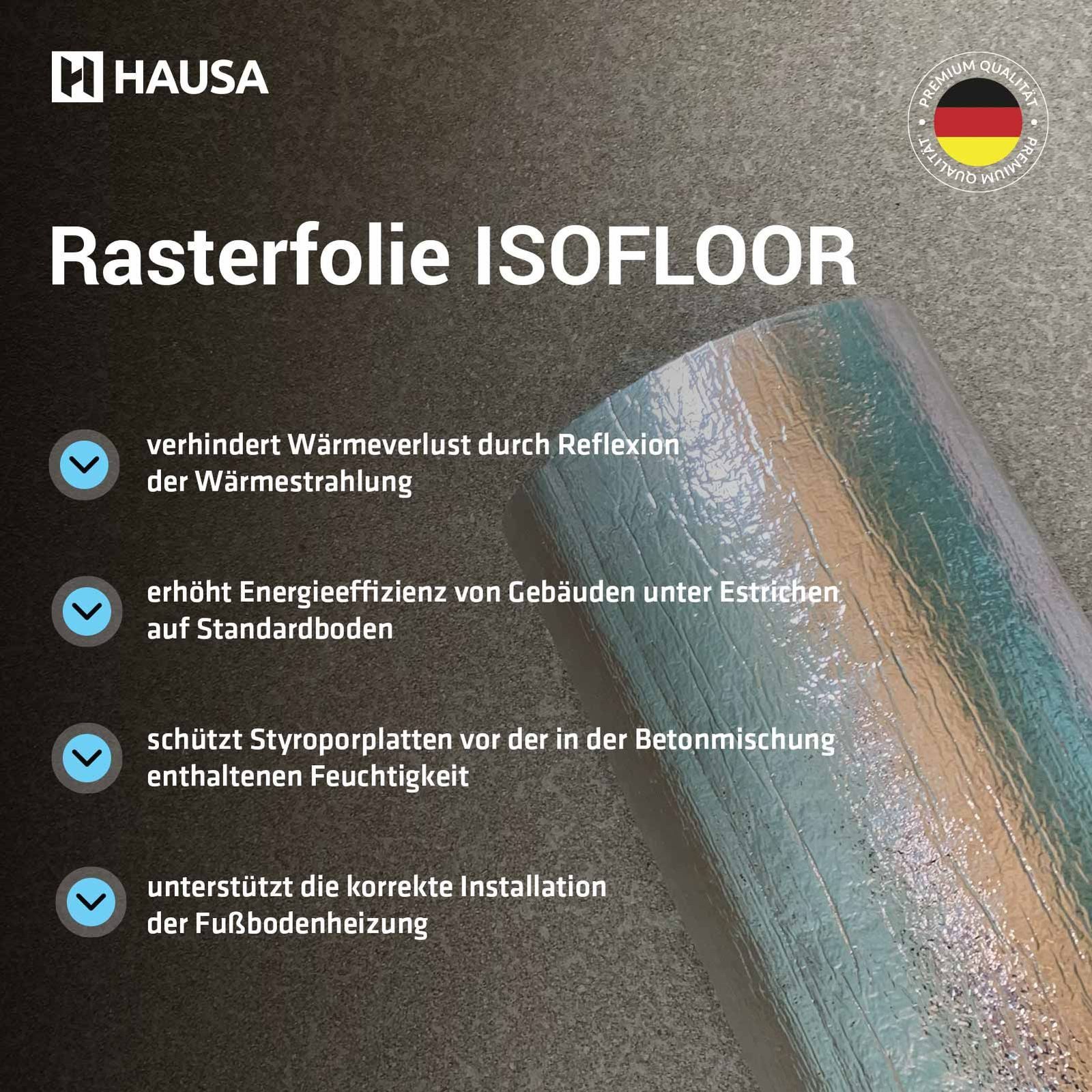 Hausa Fußbodenheizung Rasterfolie ISOFLOOR, (unter Fußbodenheizungssystemen Alufolie Fußbodenisolierung, 1-tlg., 1,5m x 50m), für Fußbodenheizung Isolierfolie