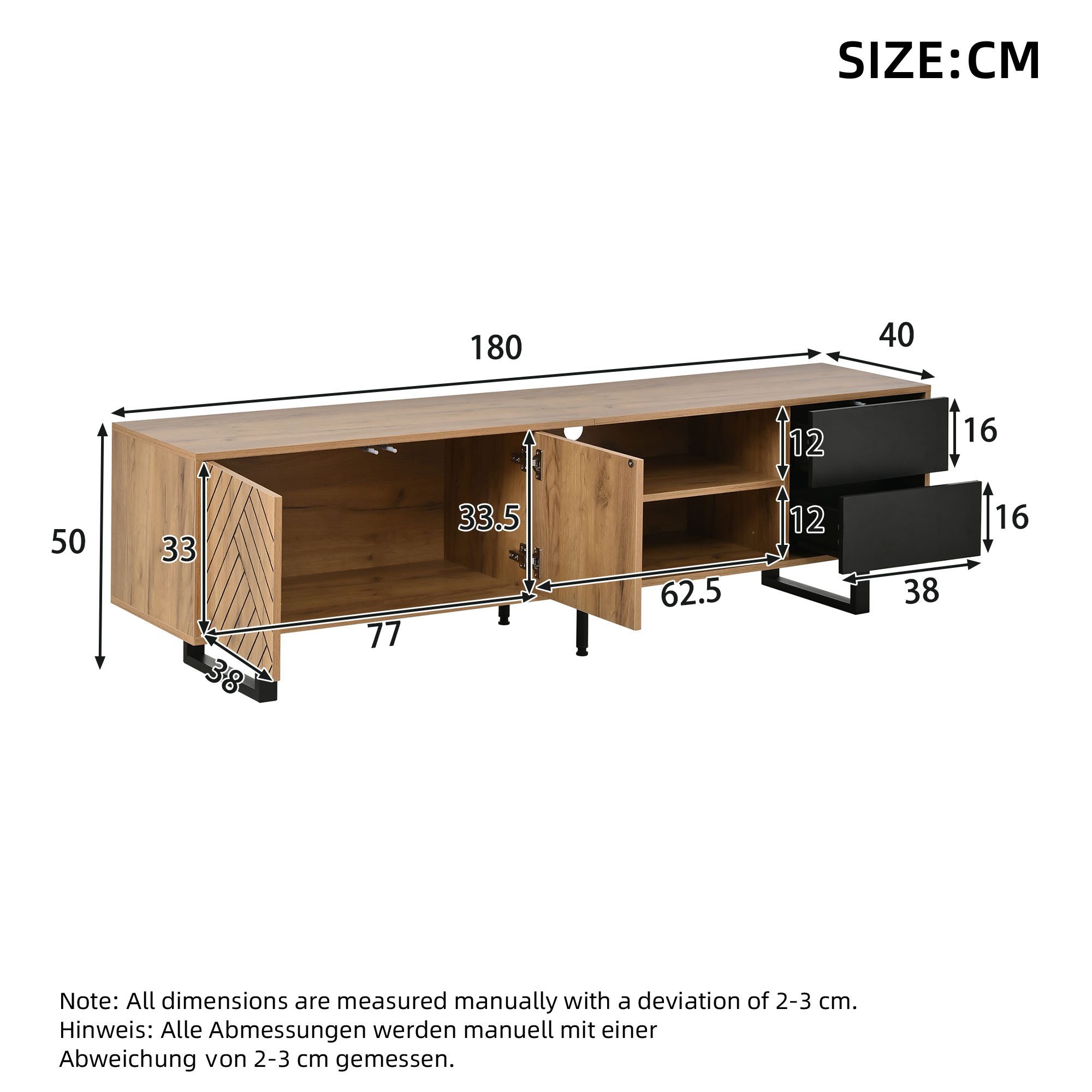 KLAM HOME Lowboard TV-Schrank mit Metallbeinen, Holz-Schwarz für 75-Zoll-Fernseher (Lowboard aus Spanplatte mit Schubladen & dreischichtiger Struktur), Stabiler Fernsehschrank bis 30kg mit großem Stauraum