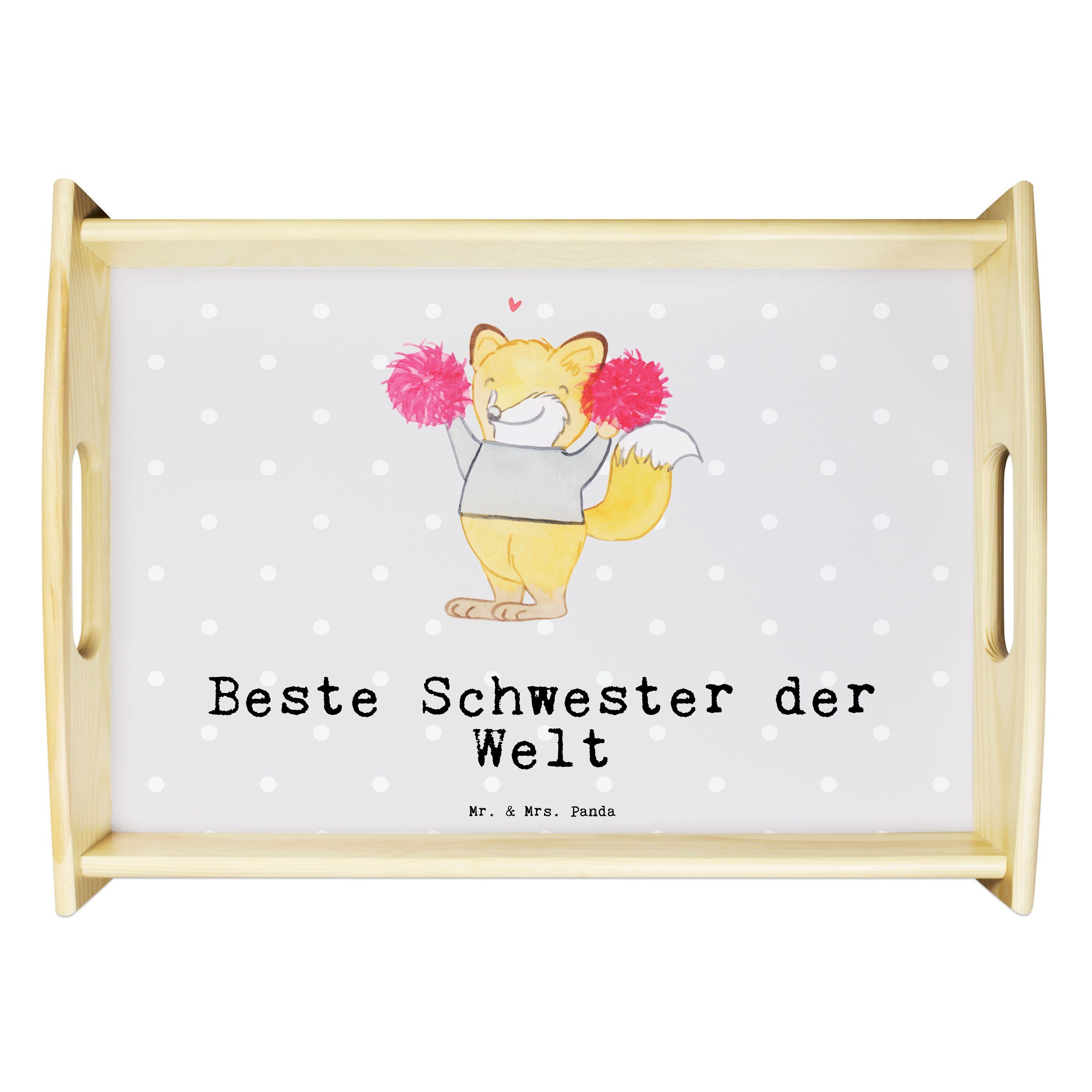 Mr. & Mrs. Panda Tablett Fuchs Beste Schwester der Welt - Grau Pastell - Geschenk, Schwesterhe, Echtholz lasiert, (1-tlg)