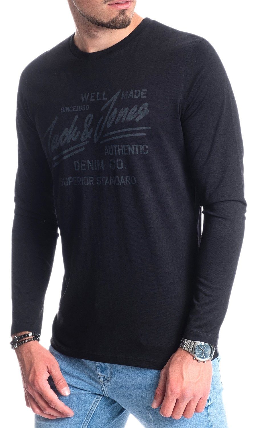 Jack & Jones Langarmshirt aus Print Baumwolle, BlackOPT5-Grey vorne mit