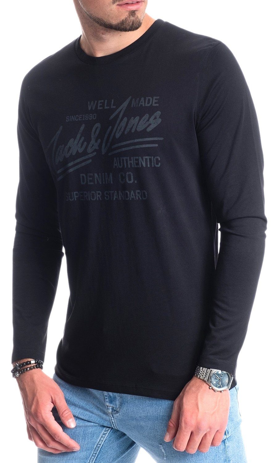 Jack & Jones Langarmshirt stilvolles Regular Fit Longsleeve mit Printdruck Bequemes Oberteil aus Baumwolle mit Rundhalsausschnitt