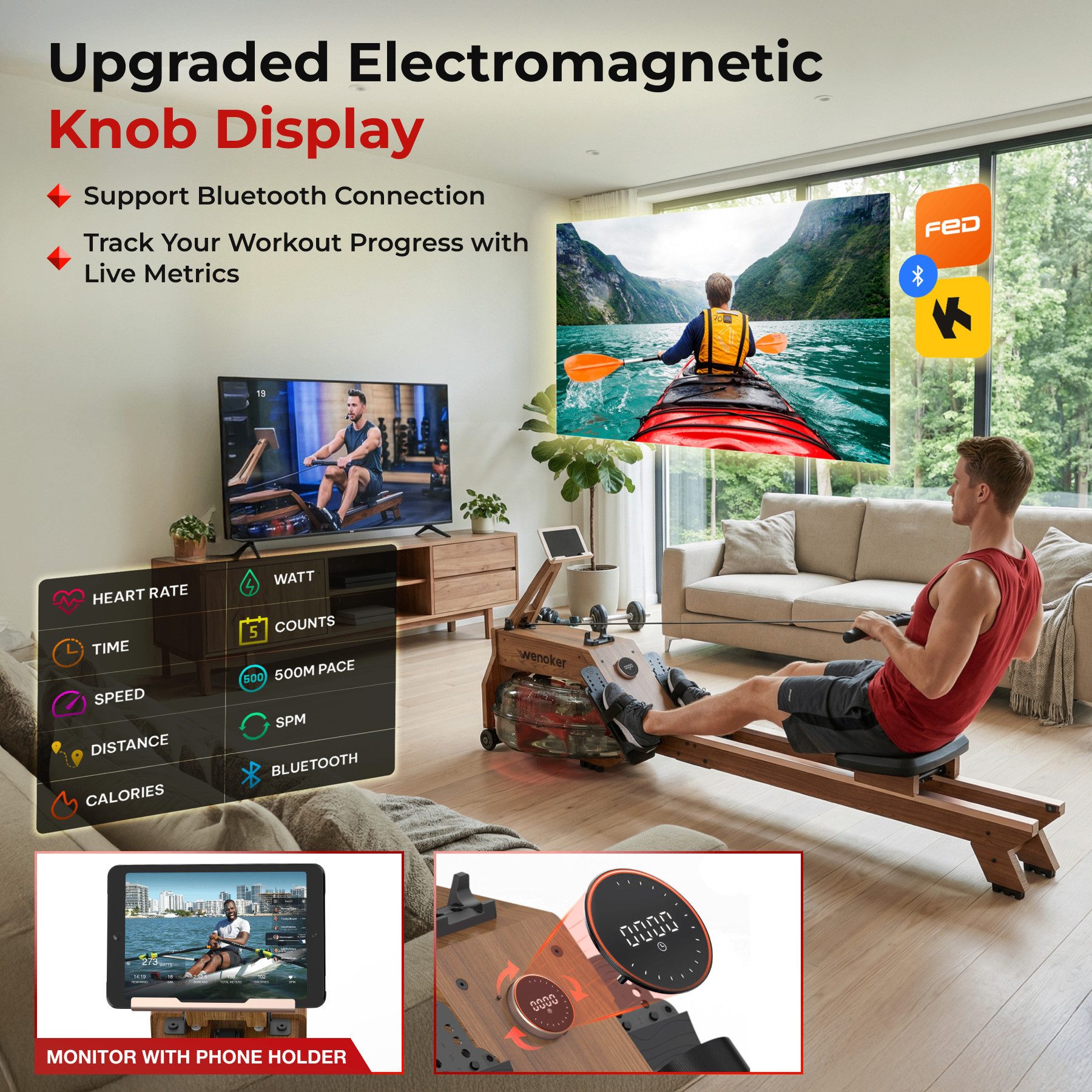 Wenoker Rudergerät Heimrudergerät aus Massivholz, Wasserrudergerät, App-kompatibel (1-tlg., LCD-Display mit Drehregler, mehrstufig einstellbarer Widerstand), Bluetooth, Zwift-/Kinomap-Kompatibilität, Tablet-Halterung