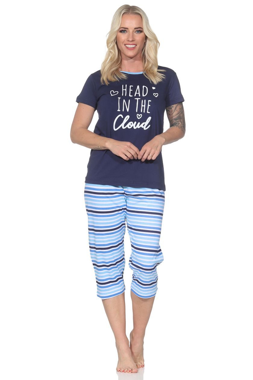 Pyjama Normann Damen Schlafanzug kurzarm mit gestreifter Capri-Pyjamahose