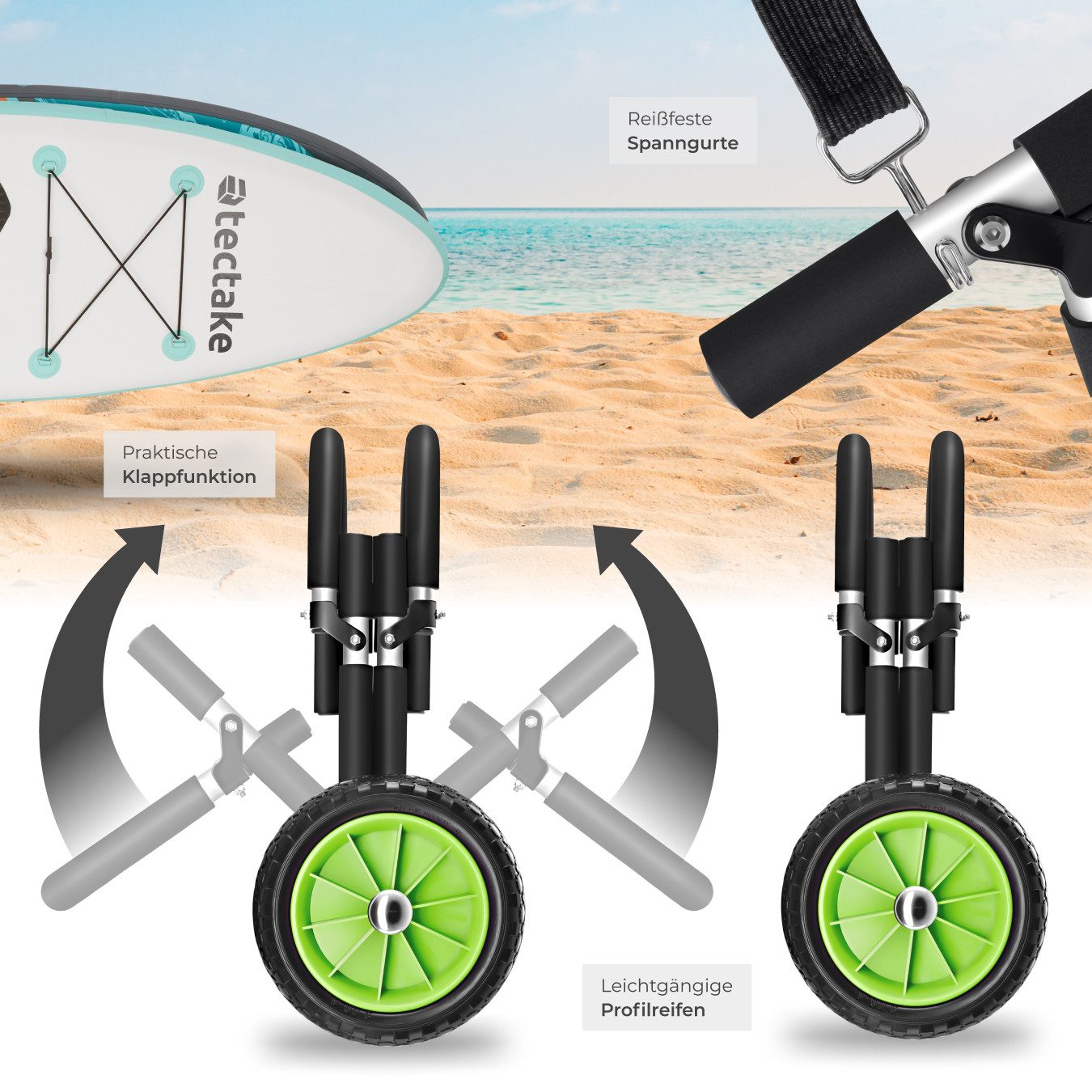 tectake SUP-Transportwagen Surfboard Transportwagen klappbar, 62 x 53 x 49 cm, (Paddel Board Transportwagen WaveWheel, inkl. 2 Sicherungsgurte in schwarz/grün), – Bild 3 von 5