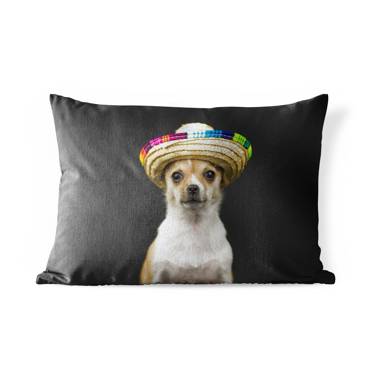 MuchoWow Dekokissen Hund - Sombrero - Schwarz, Outdoor-Dekorationskissen, Polyester, Dekokissenbezug, Kissenhülle