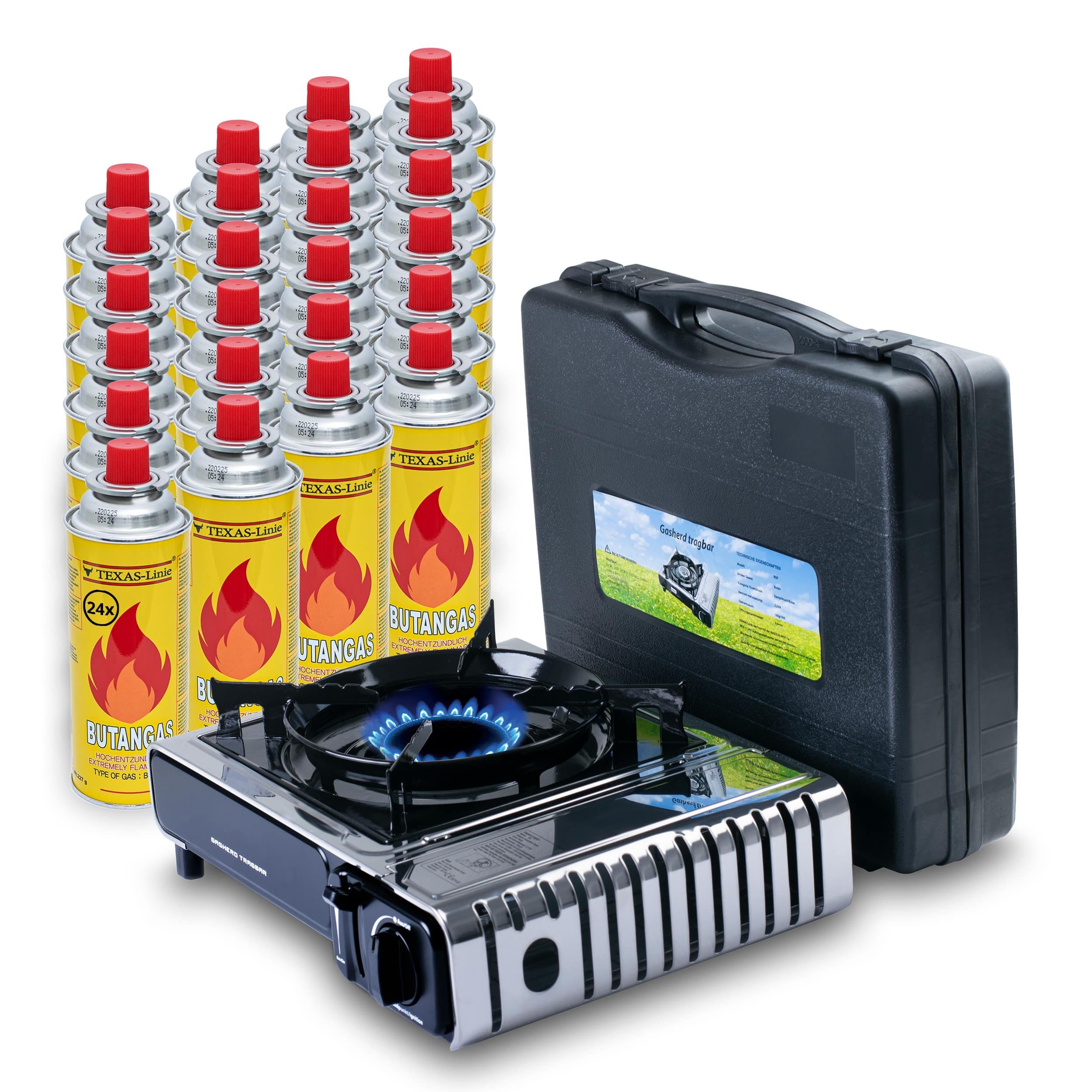 Sparsando Gaskocher Tragbarer Gaskocher + 24x Gaskartuschen für Camping, Outdoor, Reisen, (1x Gaskocher mit 24x Gaskartuschen, 25-St), Abnehmbare Topfhalterung, Windschutz, Temperaturregler