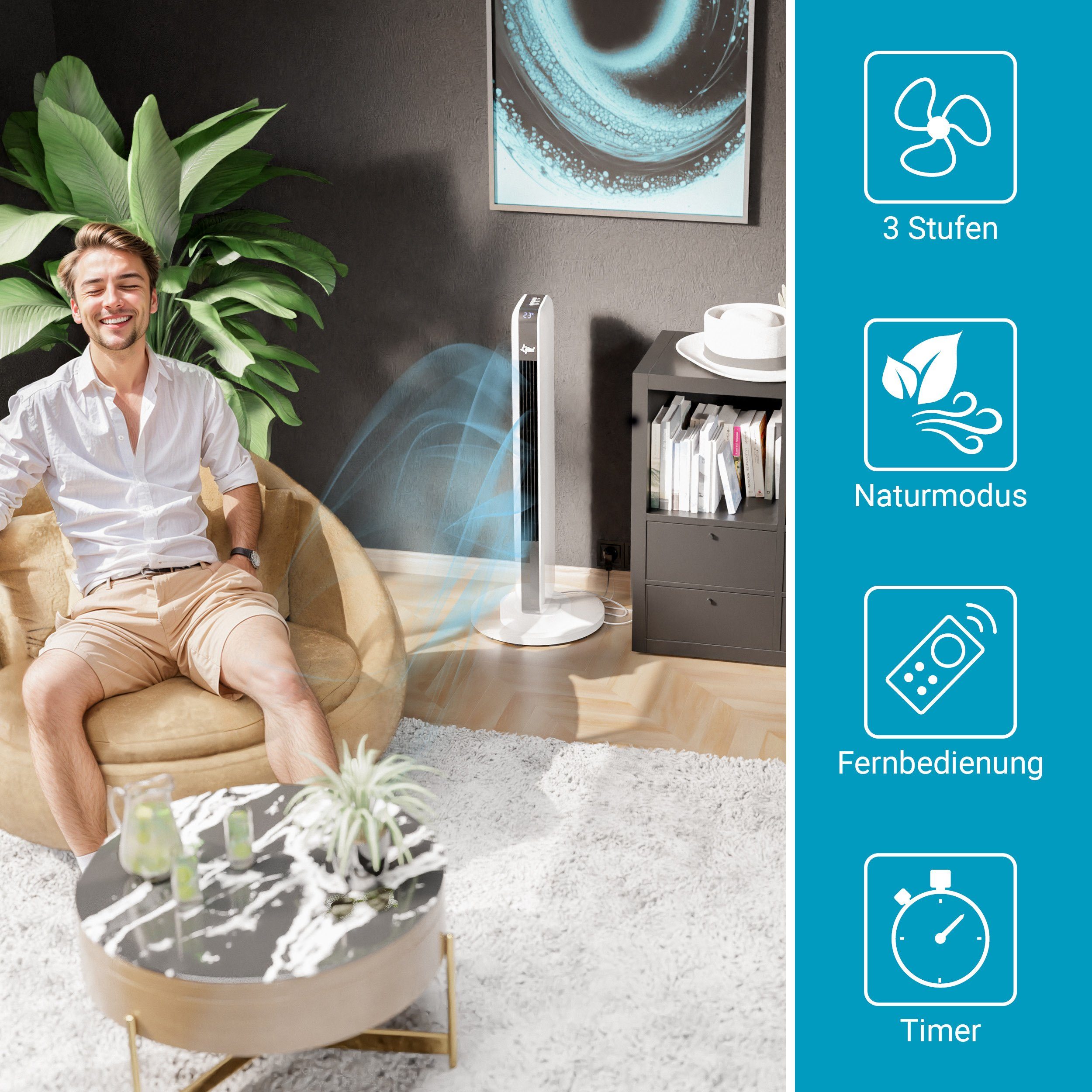 Suntec Wellness Turmventilator CoolBreeze Fan, Ventilator 9000 Slim+, Watt TO 50 Fernbedienung, Soft-Touch-Bedienung, inkl