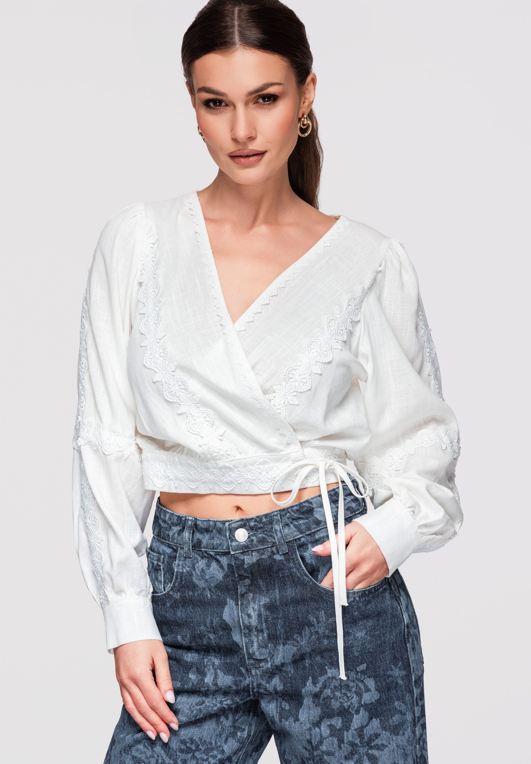 Hemdbluse Damen Bluse Wickeldesign Kurz Elegant Weiß S