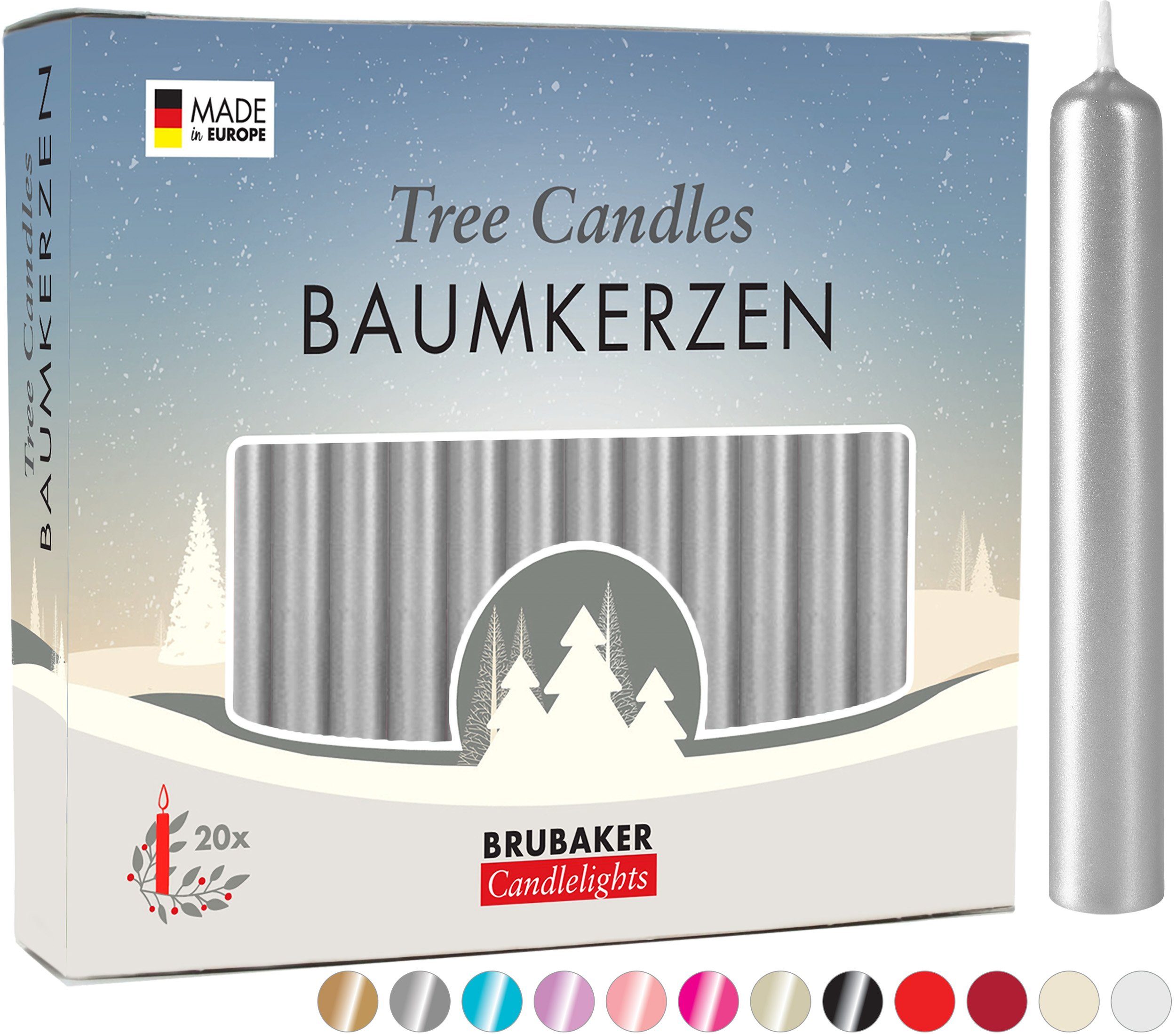 BRUBAKER Tafelkerze Baumkerzen aus Wachs (1 Packung Christbaumkerzen, 20-tlg), rauchfreie und geruchsneutrale Pyramidenkerzen, Wachskerzen für Weihnachtsdekoration, bunte Weihnachtskerzen