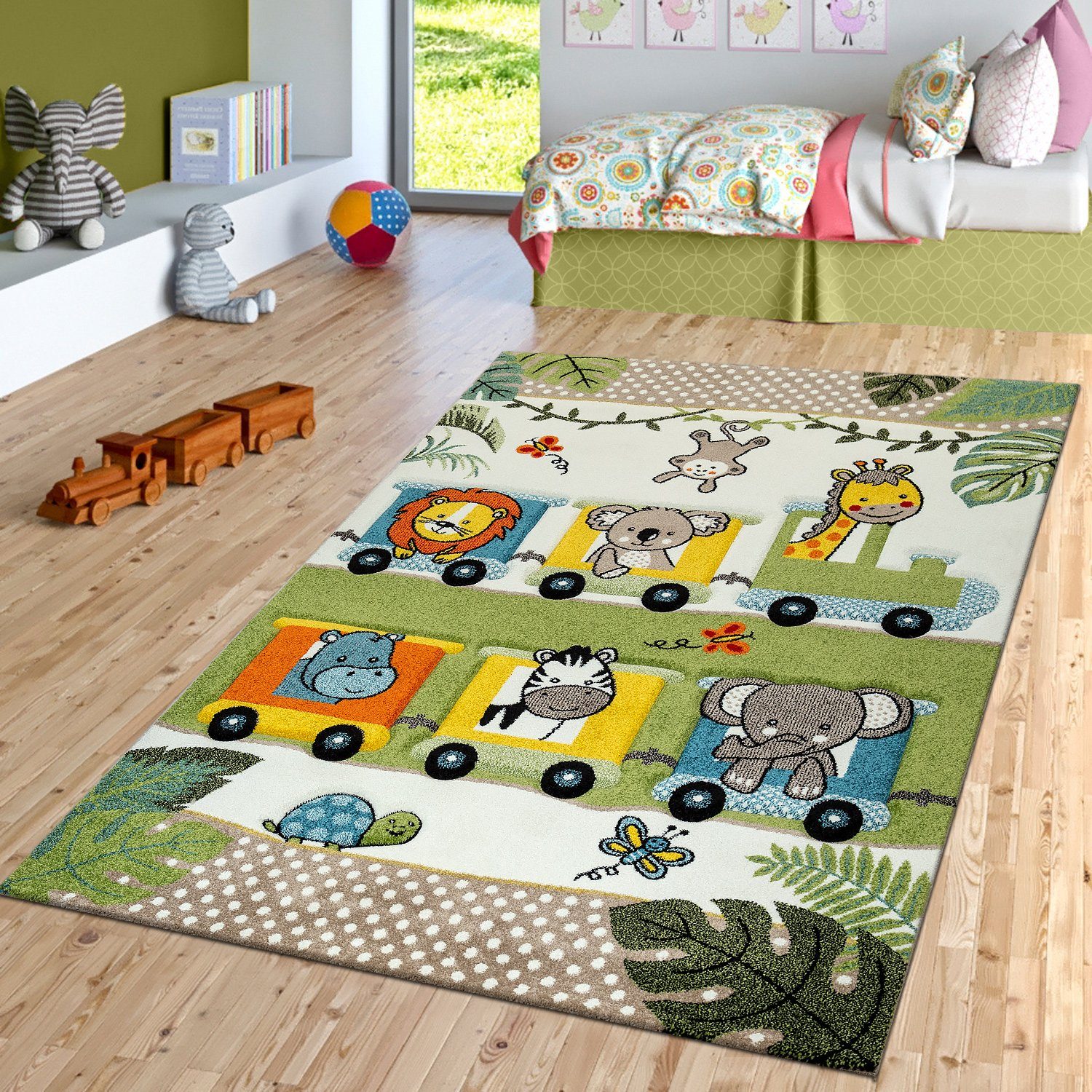 Kinderteppich Kurzflor Kinderzimmer Teppich Afrikatiere Im Zug, TT Home, Läufer, Höhe: 16 mm