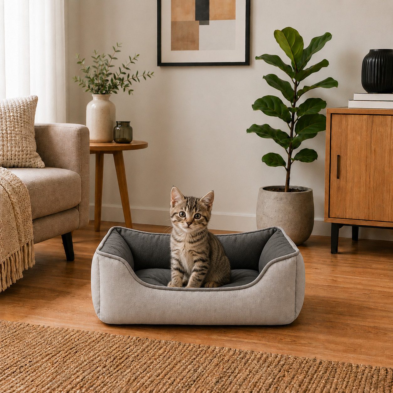 belviona Tierkissen für Katzen, Katzenbett Wildlederimitat, 60x50 cm, hellgrau/dunkelgrau, Wildlederimitat, Katzenkörbchen wendbar, mit 2-in-1 Funktion – Bild 2 von 5