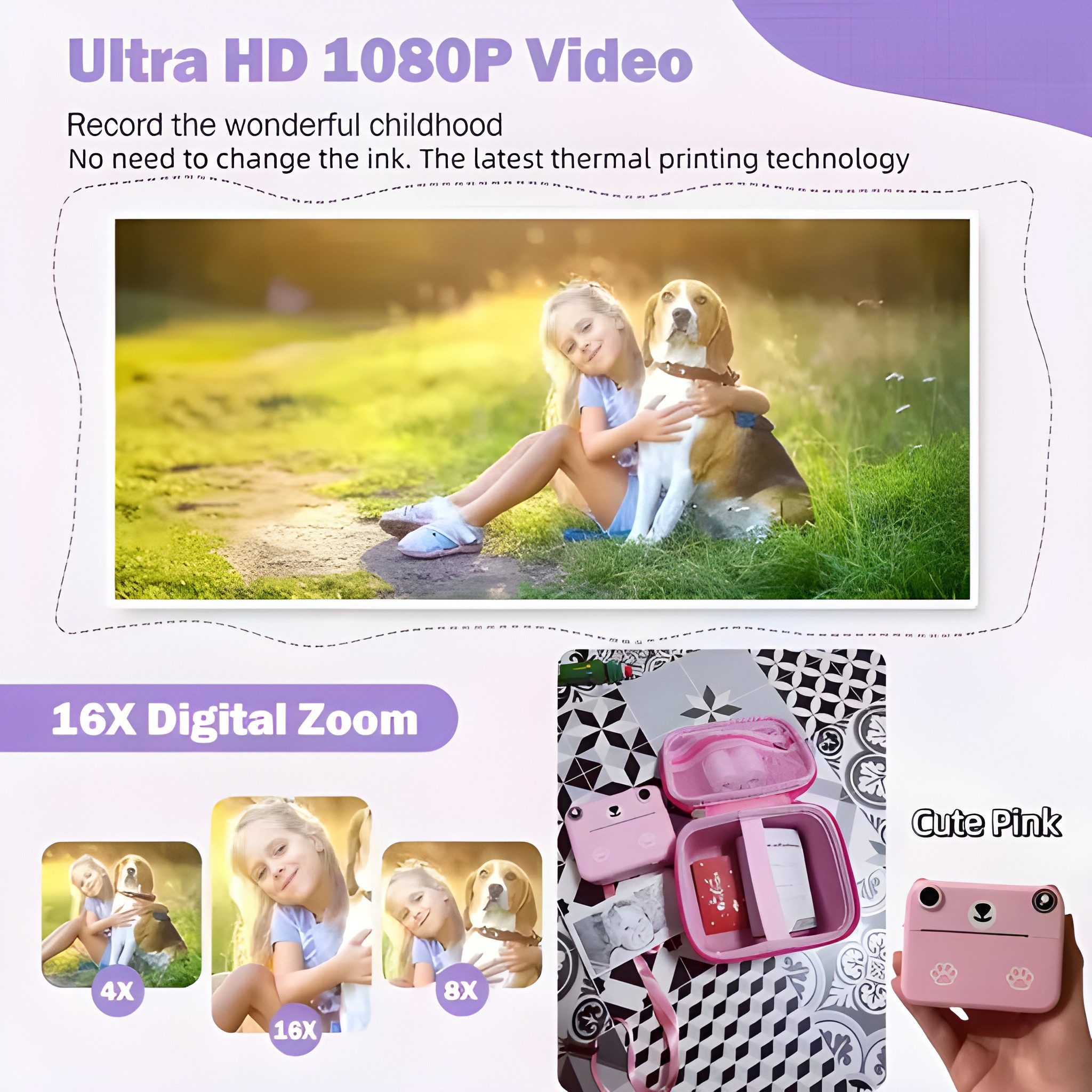 Athlix 1080P Kinderkamera Selfie Digitalkamera Kinder Sofortbildkamera Kinderkamera (3 MP, 180° drehbares Objektiv, Ein-Knopf-Sofortdruck)